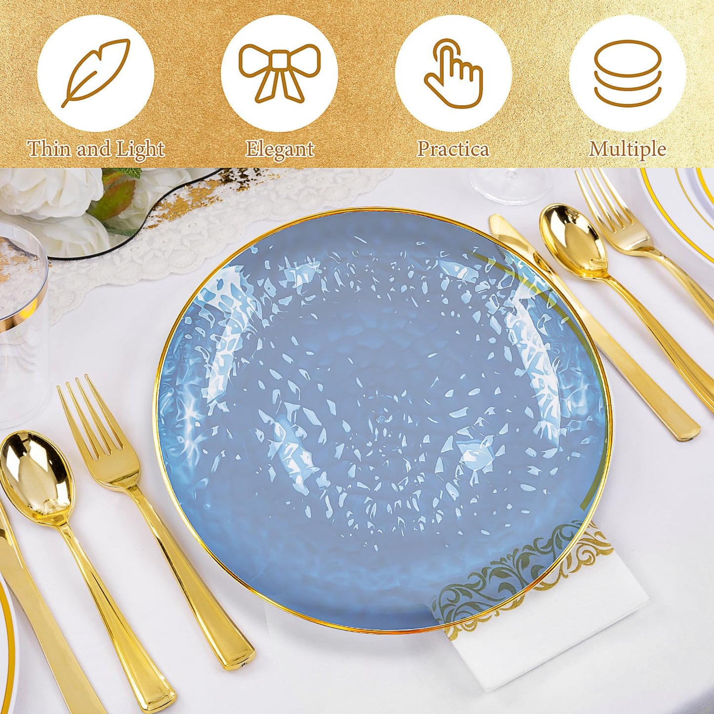 100 Pcs Clear Blue Plastic Plates, Fancy Disposable Plates with Gold Rim Include 10 inch, 7 inch Dinner Dessert Plate for Party Wedding