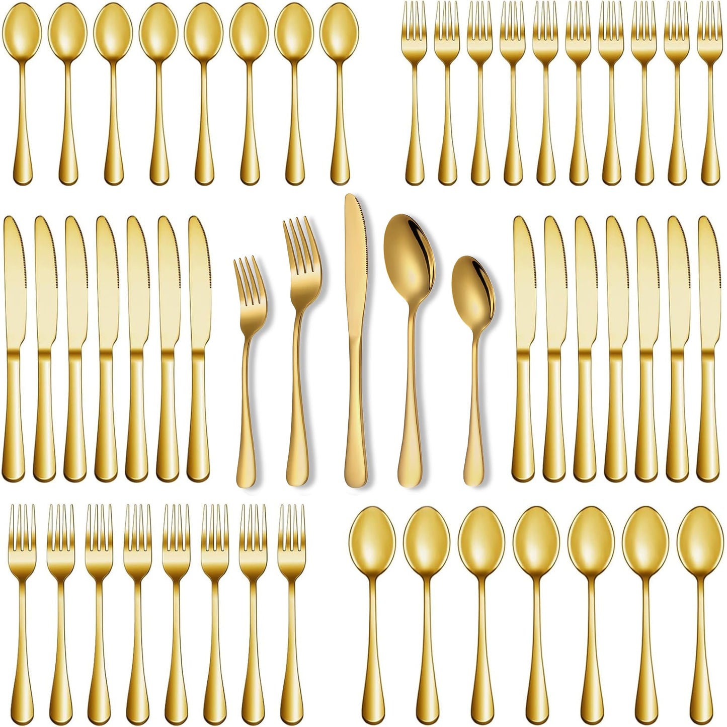 Runfly Gold Silverware Set, 40 Piece Flatware Cutlery Set for 8, Stainless Steel Silverware, Mirror Polished Cutlery Utensil Set Includes Knife Fork Spoon for Home Kitchen Restaurant