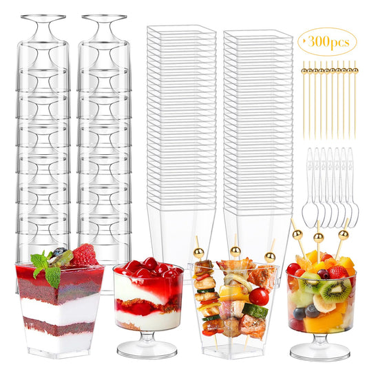 mwellewm 100Pcs Dessert Cups with Spoons&Cocktail Picks 5 Oz Mini Clear Plastic Parfait Shooter Cup Round Small Round Serving Goblet Disposable Appetizer Fruit Desert Bowl for Party Charcuterie