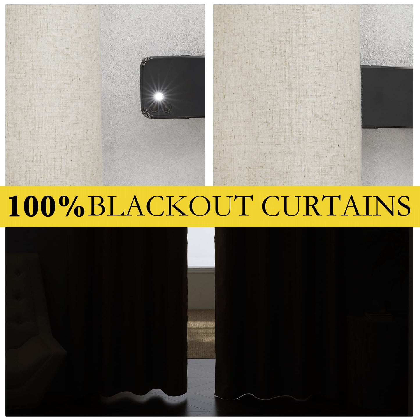 NICETOWN Linen Curtains 84 Inch Long 100% Blackout 2 Panels Natural Thick Farmhouse Living Room Soundproof Curtain Thermal Insulated Window Treatment Door Curtain Drapes (52-Inch Width Each Panel)