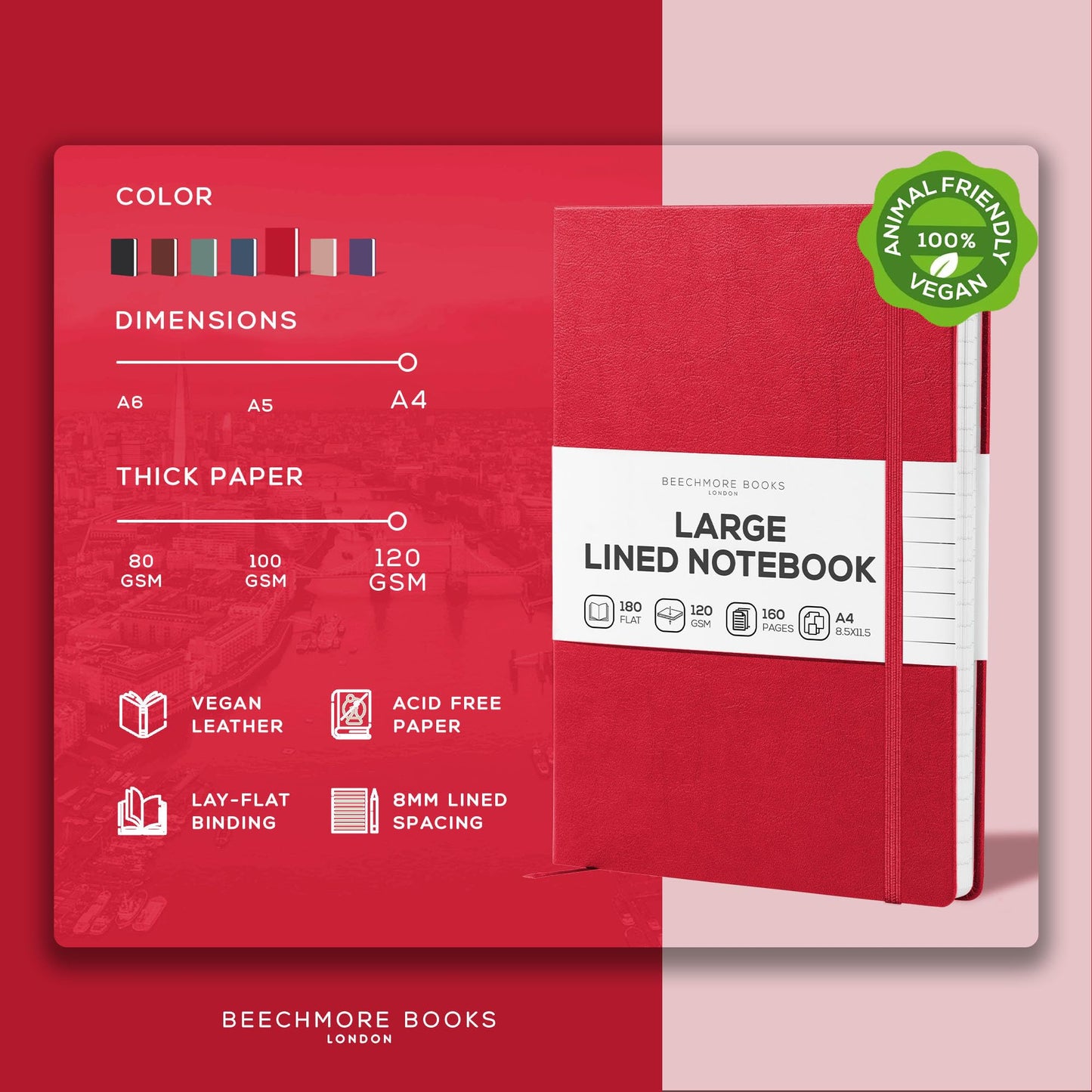 BEECHMORE BOOKS Lined Journal Notebook, 8.5 x 11.5 inch A4 160 Lined Pages, Hardcover Leather Journals for Women, Men, Writing and Notebooks for Work - 120 GSM Thick Paper, Gifts Box Included