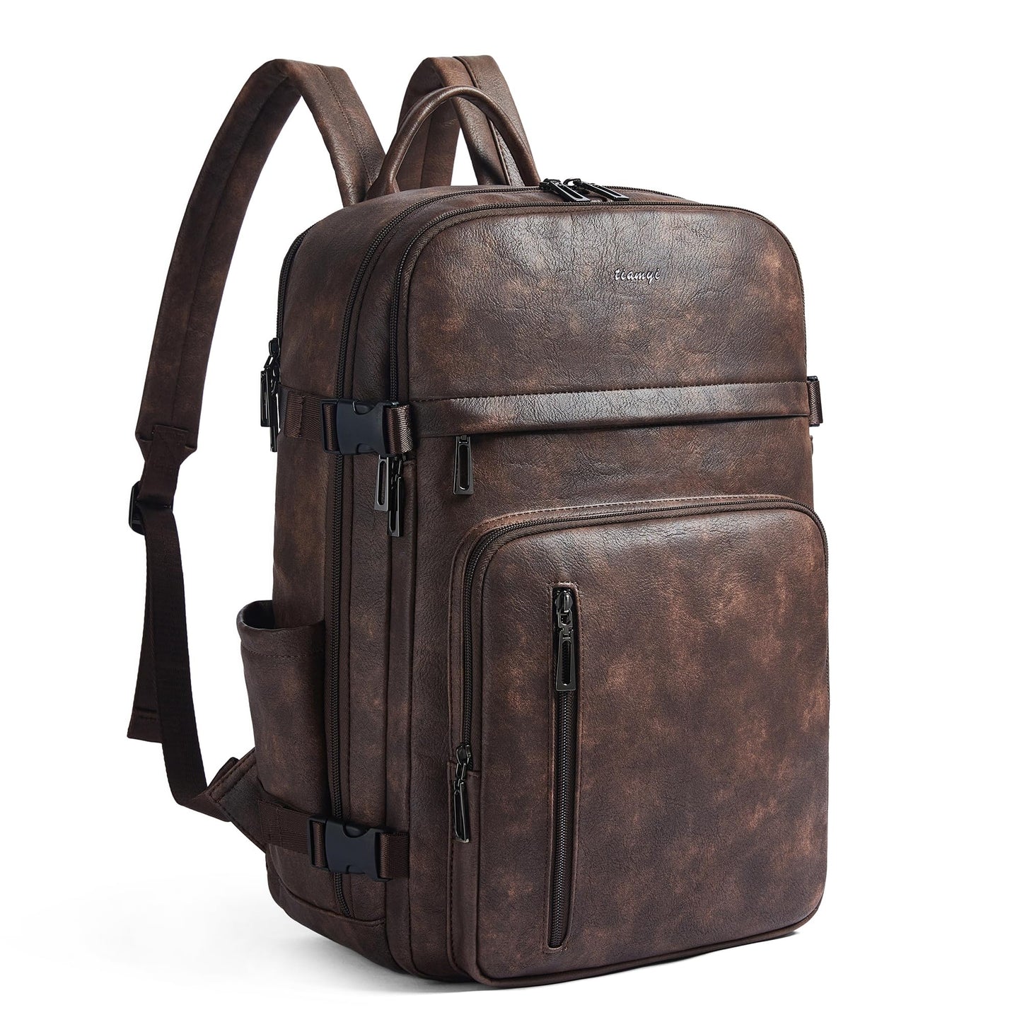Tiamyi Travel Backpack for Women, Fits 17.0" Notebook, Stylish Lay-Flat Carry-on Vegan Leather Backpack with Luggage Strap for Travel and Daily Use, Coffee