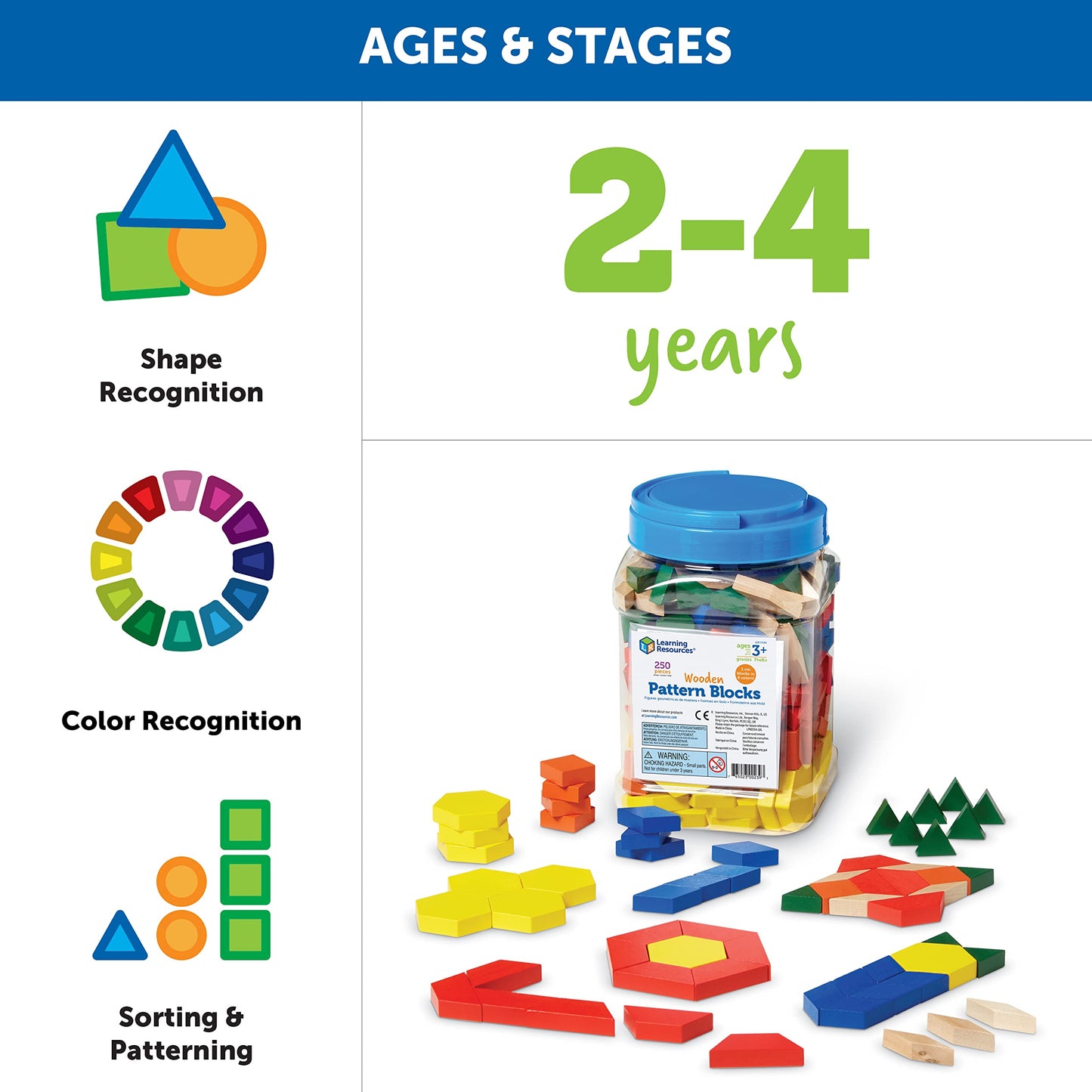 Learning Resources LER0334 Wooden Pattern Blocks, Early Math Concepts, Set of 250, Ages 3+