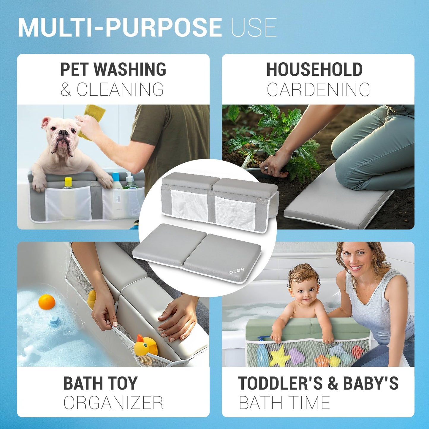 COLSEN Baby Bath Kneeler and Elbow Kneeling Rest Pad Set – Comfortable, 1.5” Thick, Painless, Non-Slip, Foldable Bathing Parent time Mat, with Toy Organizer for Babies and Toddler While Sitting Up