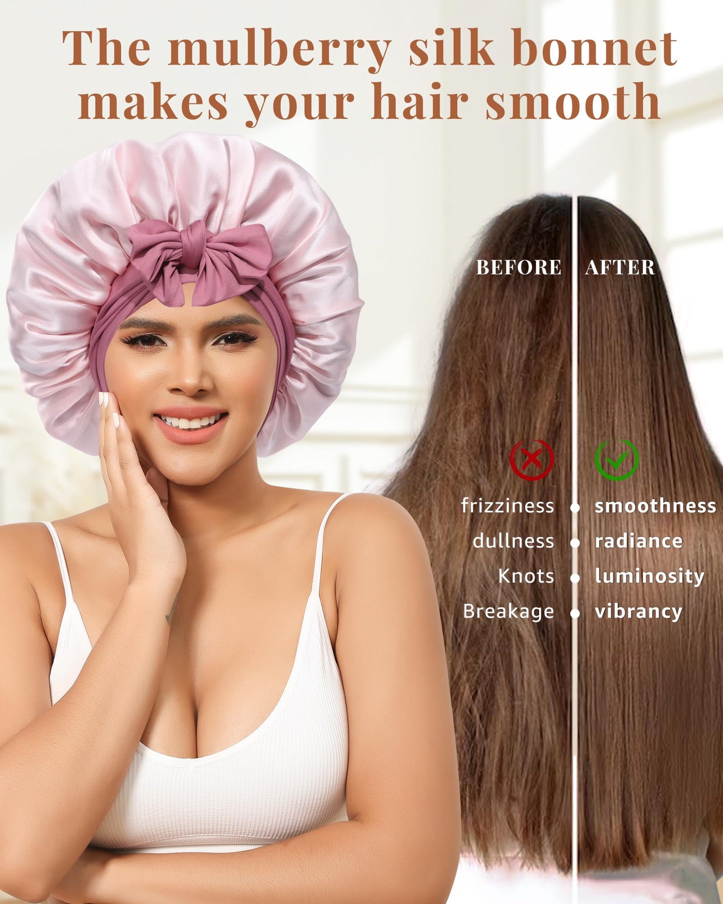 AWAYTR Silk Bonnet for Sleeping Women - 100% Mulberry Silk Bonnet with Band 2 Layer Reversible Hair Bonnet Sleeping Hair Wrap (Dust rose/Pink)