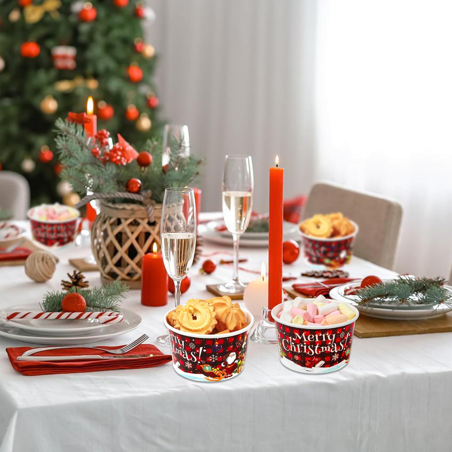 50 PCS Christmas Snack Bowls 9 oz Paper Ice Cream Cups Christmas Disposable Treat Cups Dessert Bowls Plaid Snack Paper Cups Snowman Santa Bowls for Holiday Treat Dessert Cakes Candy Party Supplies