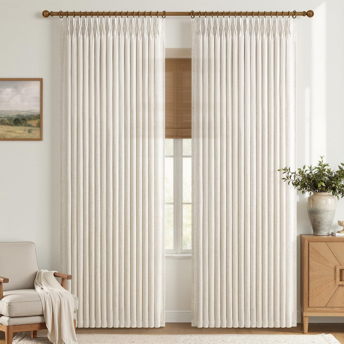 Pleated Cream Beige Sheer Curtains 84 Inches Long for Bedroom 2 Panels Set, Memory Trained Pinch Pleat Thick Linen Farmhouse Curtain Light Filtering Non-See Through Privacy Living Room Windows Drapes