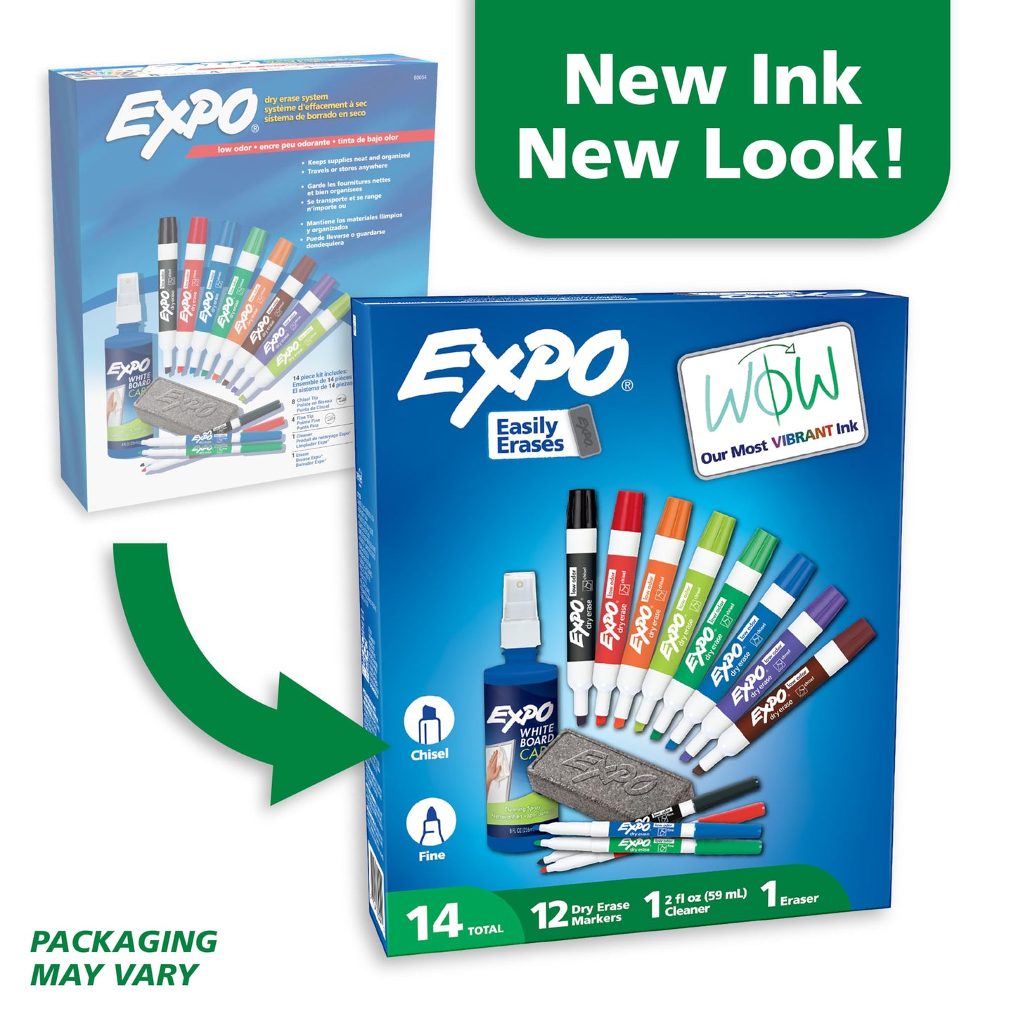 EXPO Dry Erase Markers Kit, Fine and Chisel Tip Markers, Assorted Colours, Eraser, Spray Cleaner, 14 Count