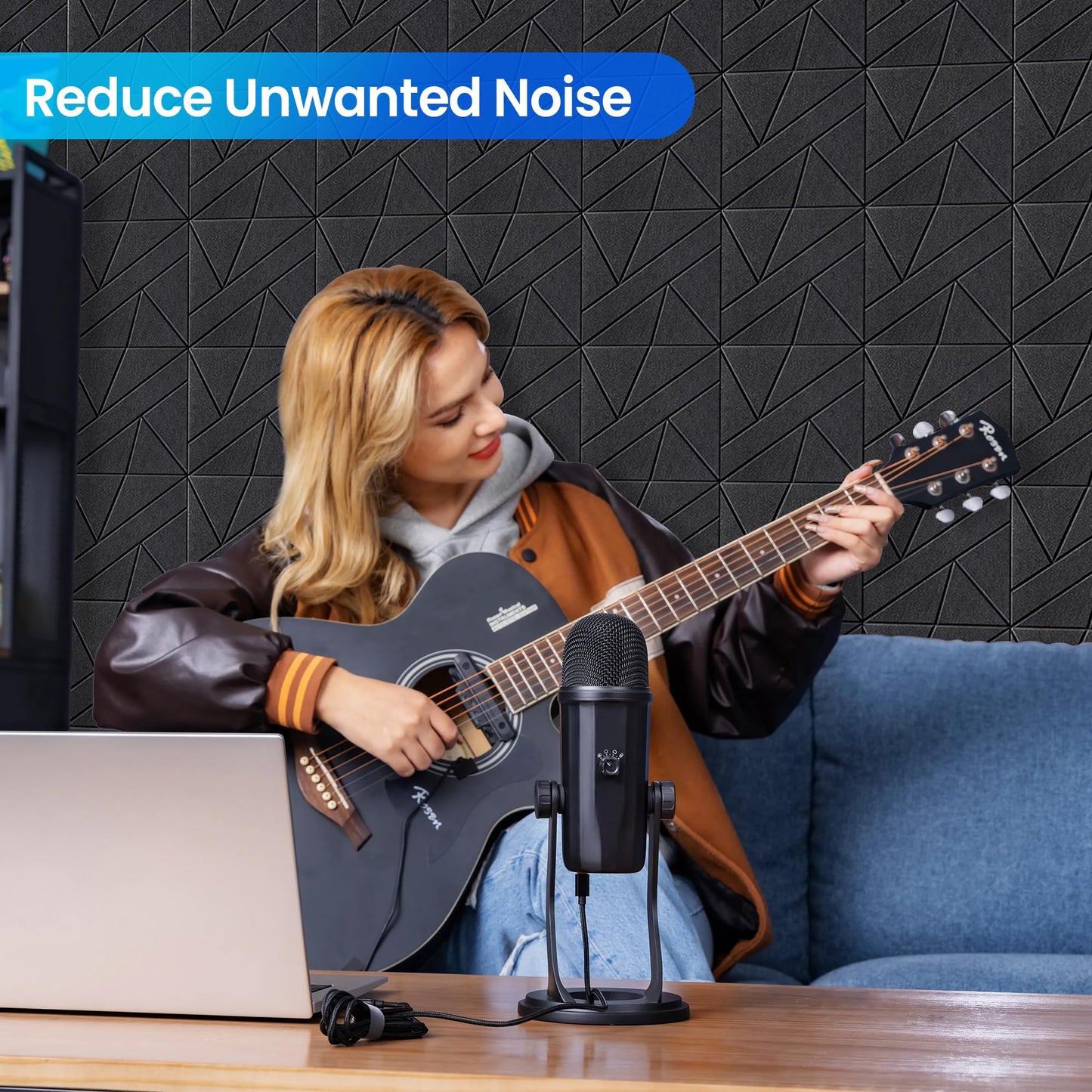 Self-Adhesive Soundproof Wall Panels, High Density, Thicker Acoustic Panels, Noise Dampening Panels Studio Black (8 Pack)