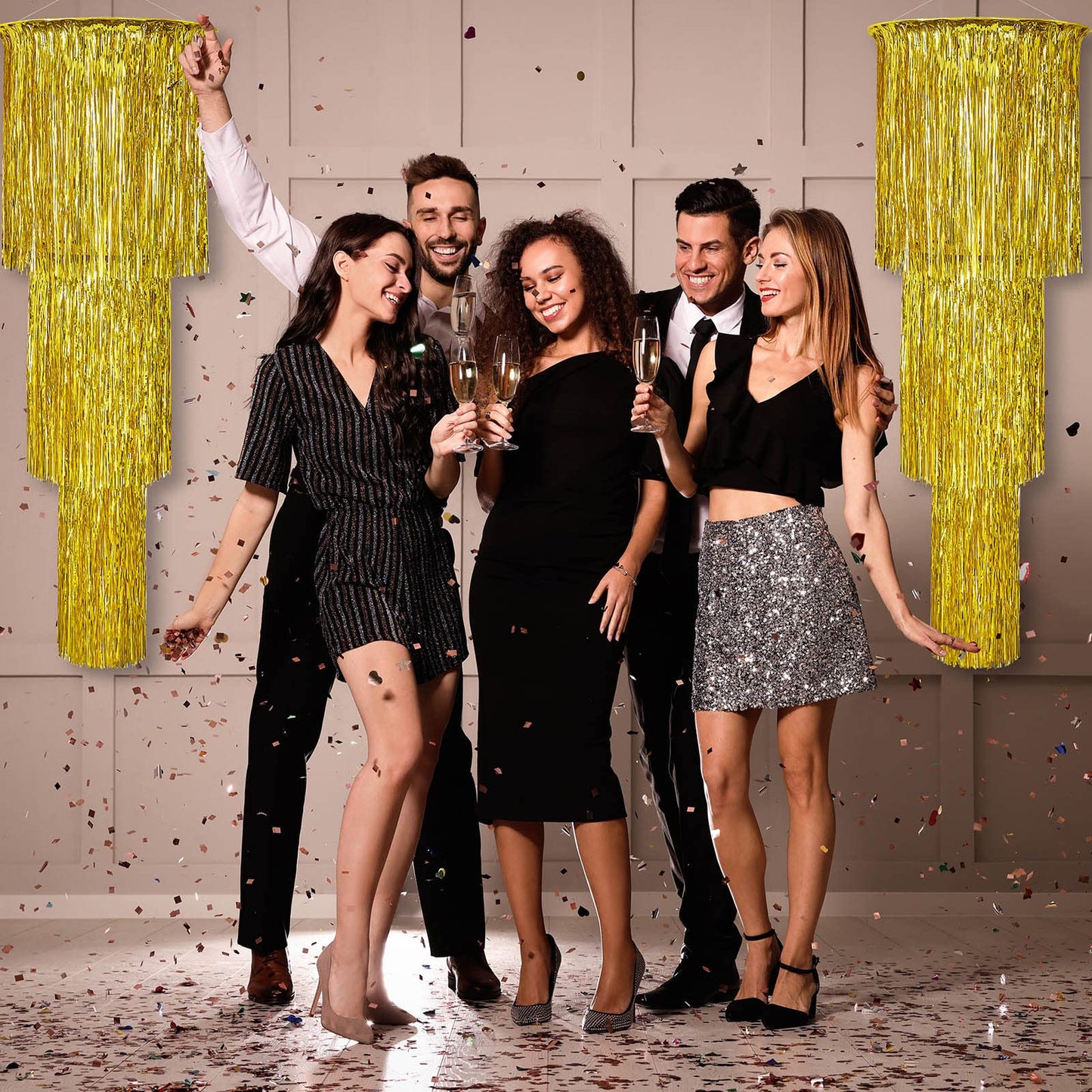 Tatuo 2 Pcs 3 Tier Metallic Tinsel Chandelier Shimmering Fringe Chandelier Decor Hanging Decoration Photo Booth Backdrop for Birthday Anniversary Wedding New Year's Eve Party Supplies, 4 ft (Gold)