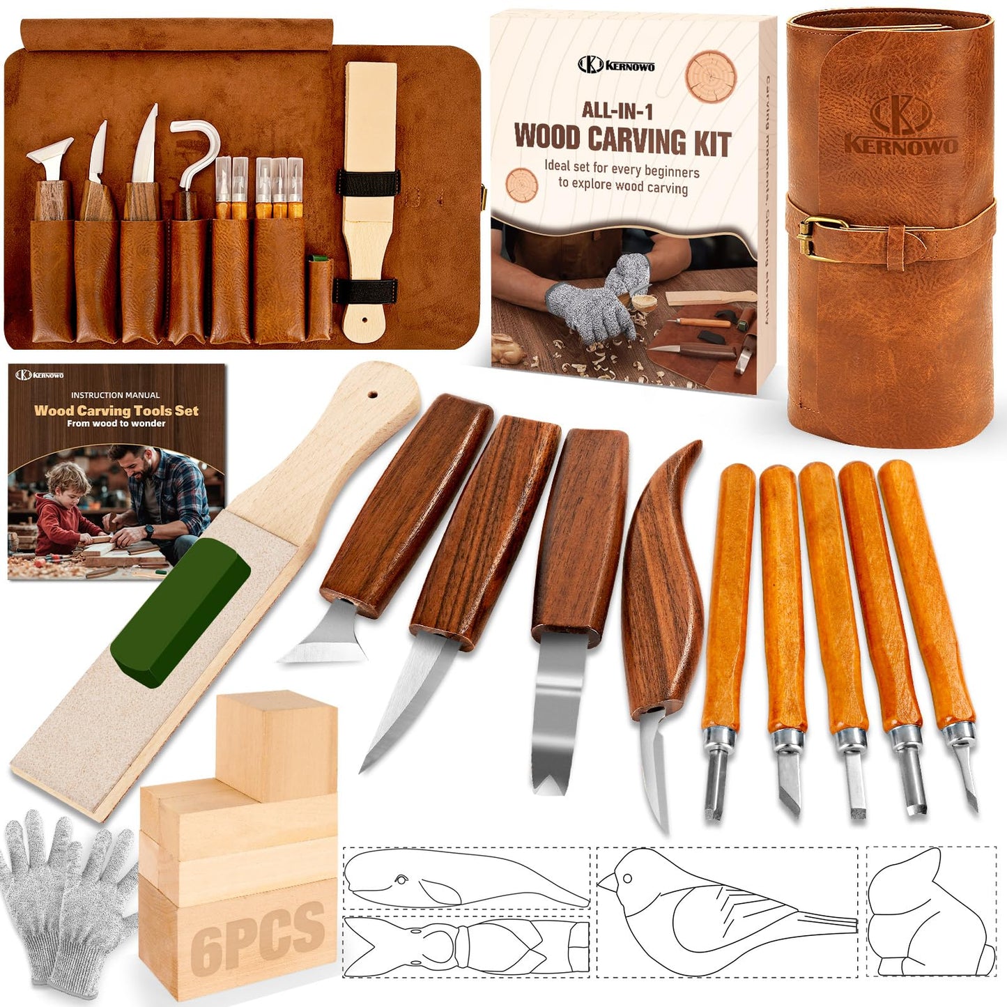 Wood Carving Kit, 24Pcs Wood Carving Tools with PU Storage Bag, Wood Whittling Knife Kit with 4pcs Templates & 6pcs Basswood Blocks for DIY Beginners