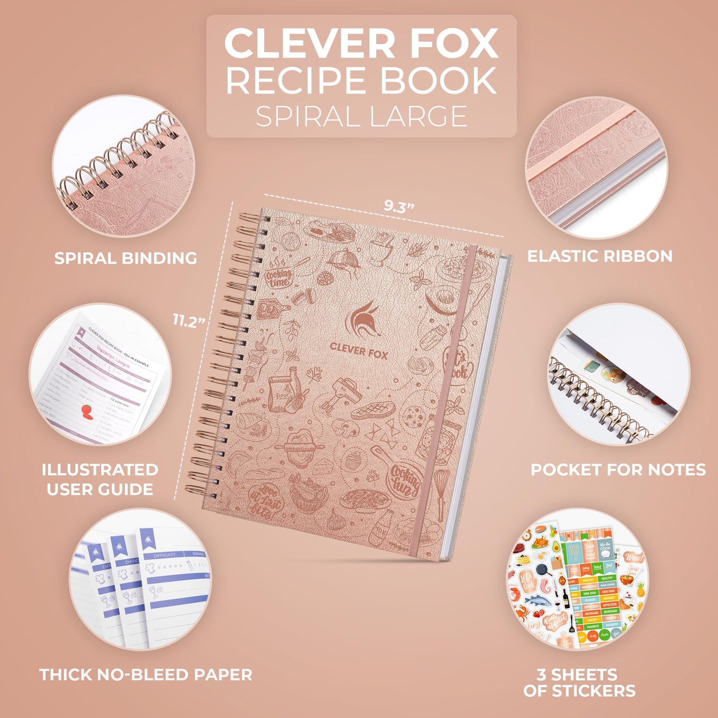 Clever Fox Recipe Book Spiral – Make Your Own Family Cookbook – Blank Recipe Notebook Organizer – Empty Cooking Journal to Write In Recipes – Large Size, 9.3”x11.2”, Hardcover (Rose Gold)