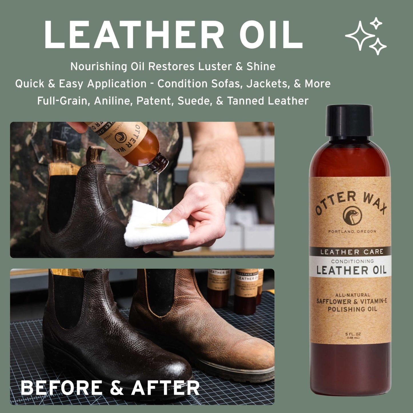 Otter Wax Leather Care Kit, Saddle Soap, Conditioning Salve, Boot Wax, Restoring Oil, Complete Shoe and Boot Care Set for Leather