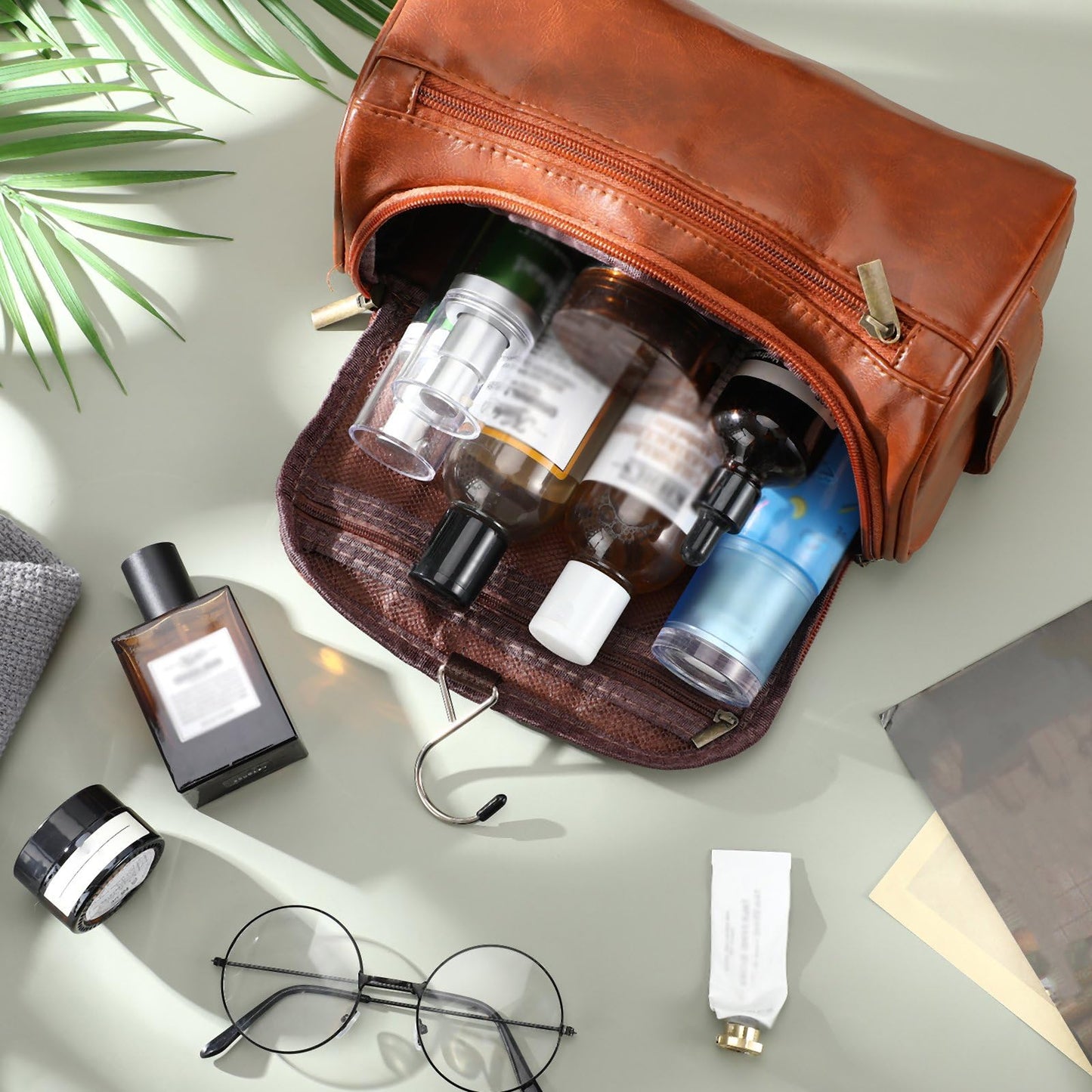 Aliceset 6 Pcs Groomsmen Gift Groomsmen Toiletry Bags Set of 6 Leather Toiletry Bag for Men with Hook Leather Wedding Proposal Bag with Side Handle Father Gift(Brown)