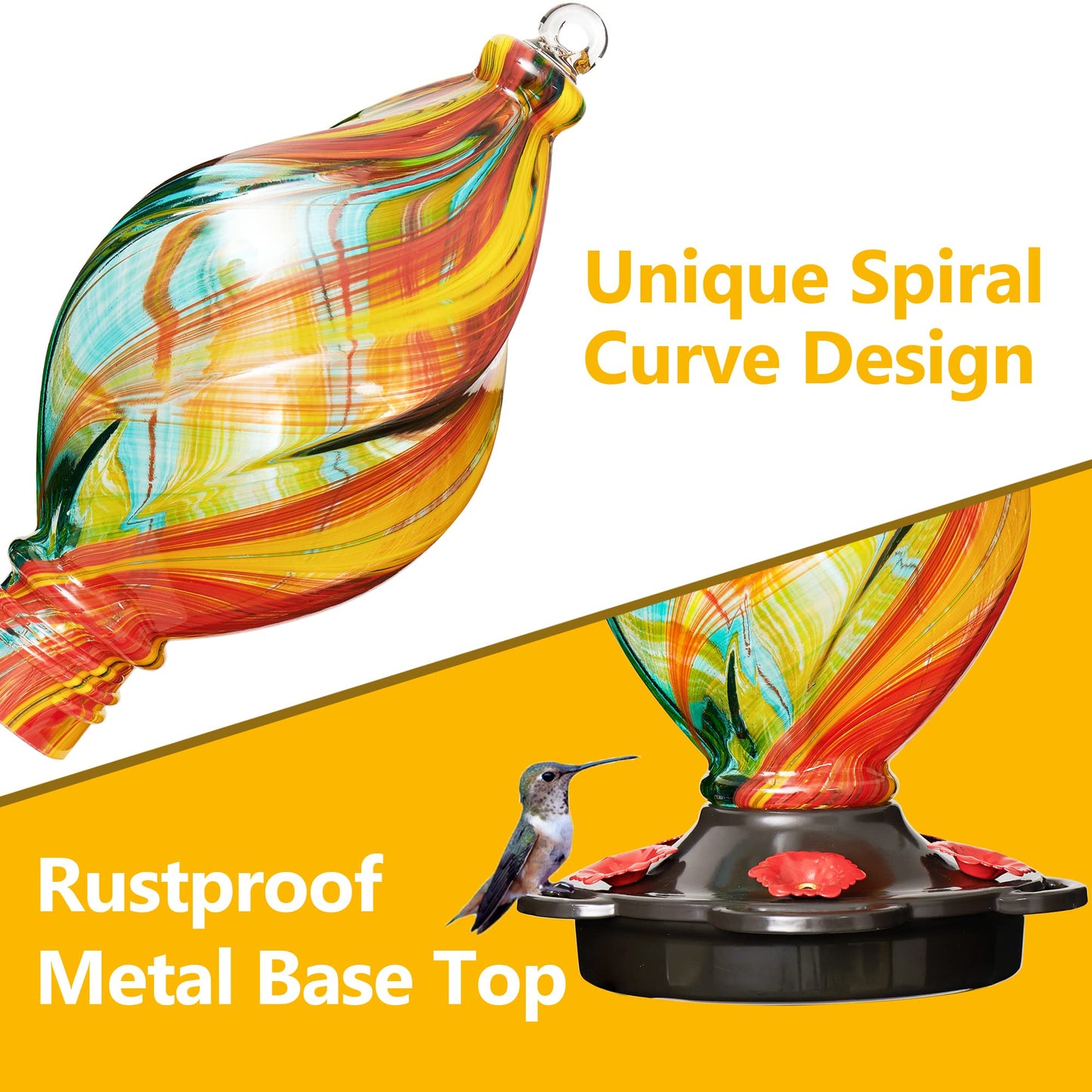 LUJII Ice Cream Shaped Spiral Hummingbird Feeder for Outdoors Hanging, Hand Blown Glass, 28 fl.oz, Leak Proof & Rustproof, Unique Garden & Backyard Decor, Gifts for Bird Lovers or Gardeners, Ribbon
