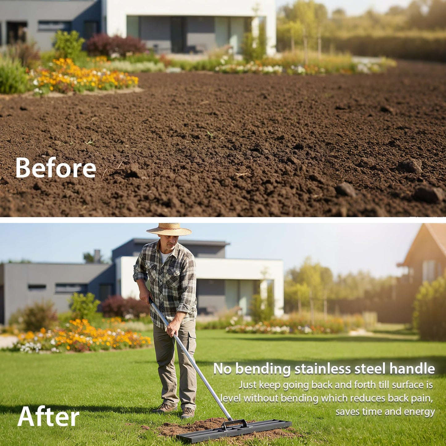 CRMCC Lawn Leveling Rake 30" x 10" with 78" Adjustable Stainless Steel Handle - Heavy Duty Wide Leveling Tool for Large Areas, Grass & Soil Leveler