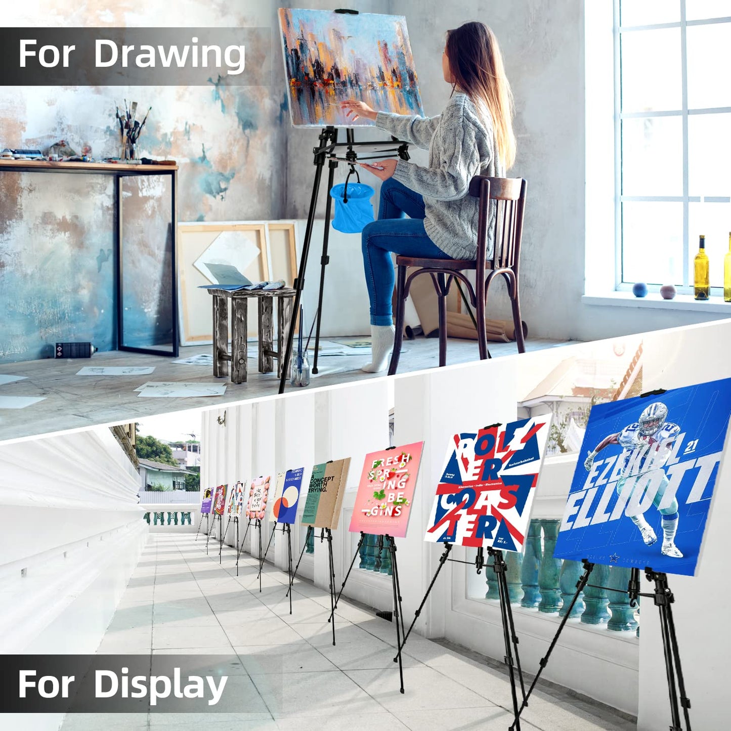 NewZeal Artist Easel Stand Painting Stand Art Easel, 20"to 61" Art Easel for Painting Canvase & Displaying, Aluminum Adjustable Height Display Tripod with Portable Bag/Folding Keg.(Black)