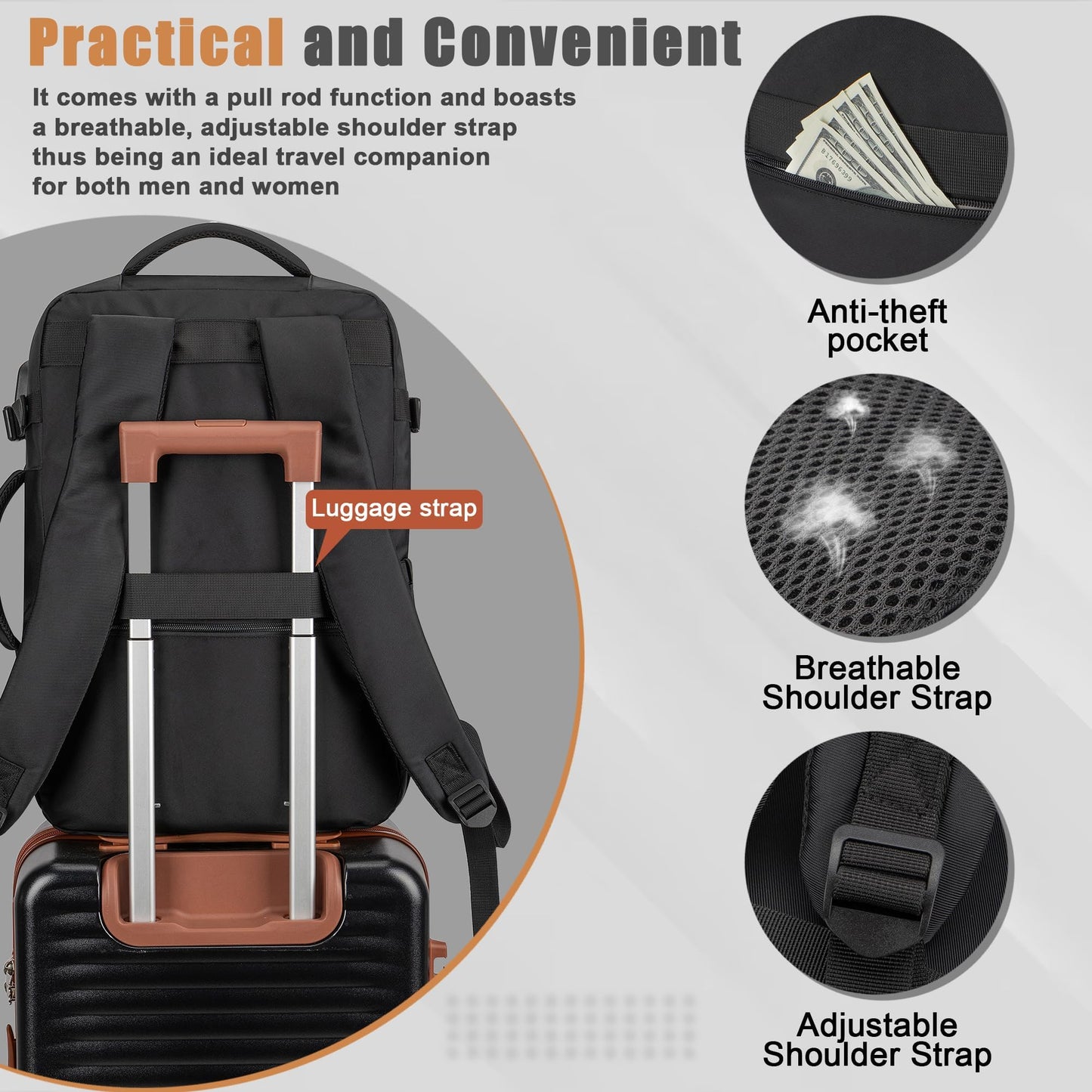 40/50L Travel Backpack with USB Charging Port, Water-Resistant Carry On Backpack, Business Laptop Backpack for Men Women