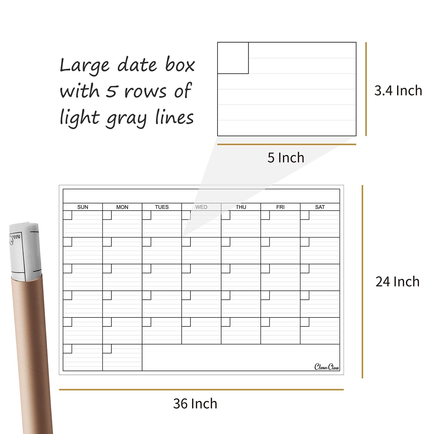 CLEVER CLEAN Large Dry Erase Wall Calendar - 24"x 36" Undated Monthly Calendar for Home, Office, Classroom - Reusable Laminated Task Organizer