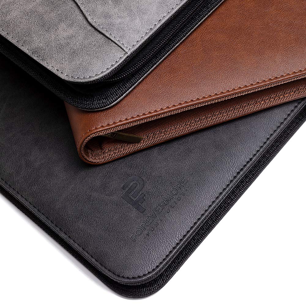 Forevermore Portfolios Padfolio Binder - Professional Faux Leather Travel Organizer Pouch for Tablet, Documents, Presentation Folders, Zipper Closure, Removable 3-Ring Notepad - Black