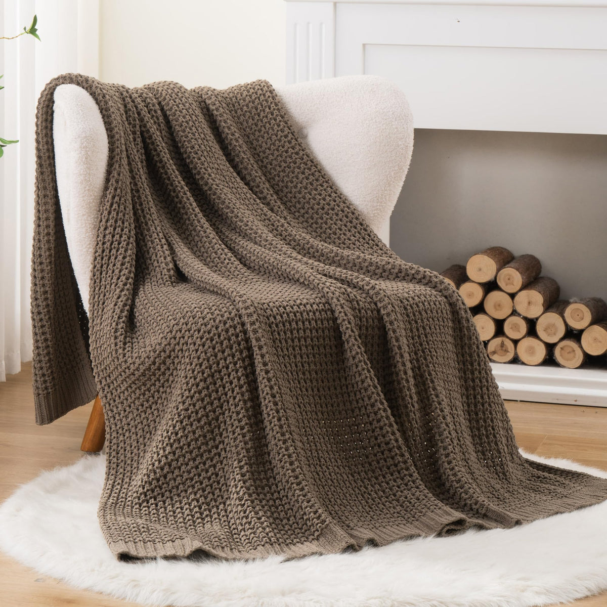 Bunnikins & Clover Knitted Waffle Throw Blanket 50x60 Inches, Camel Tan Throw Blanket for Couch, Tan Blanket Fluffy Cozy Knit Soft Throws for Women Mothers Birthday Gifts