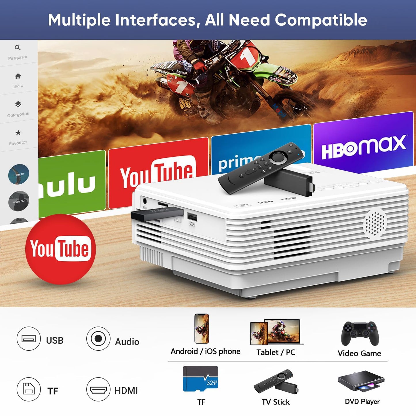 【Two-Way Bluetooth】 TMY 1080P Full HD Portable Mini Projector, Upgraded Movie Projector with Screen, Compatible with TV Stick Smartphone/HDMI/USB, Indoor & Outdoor Use
