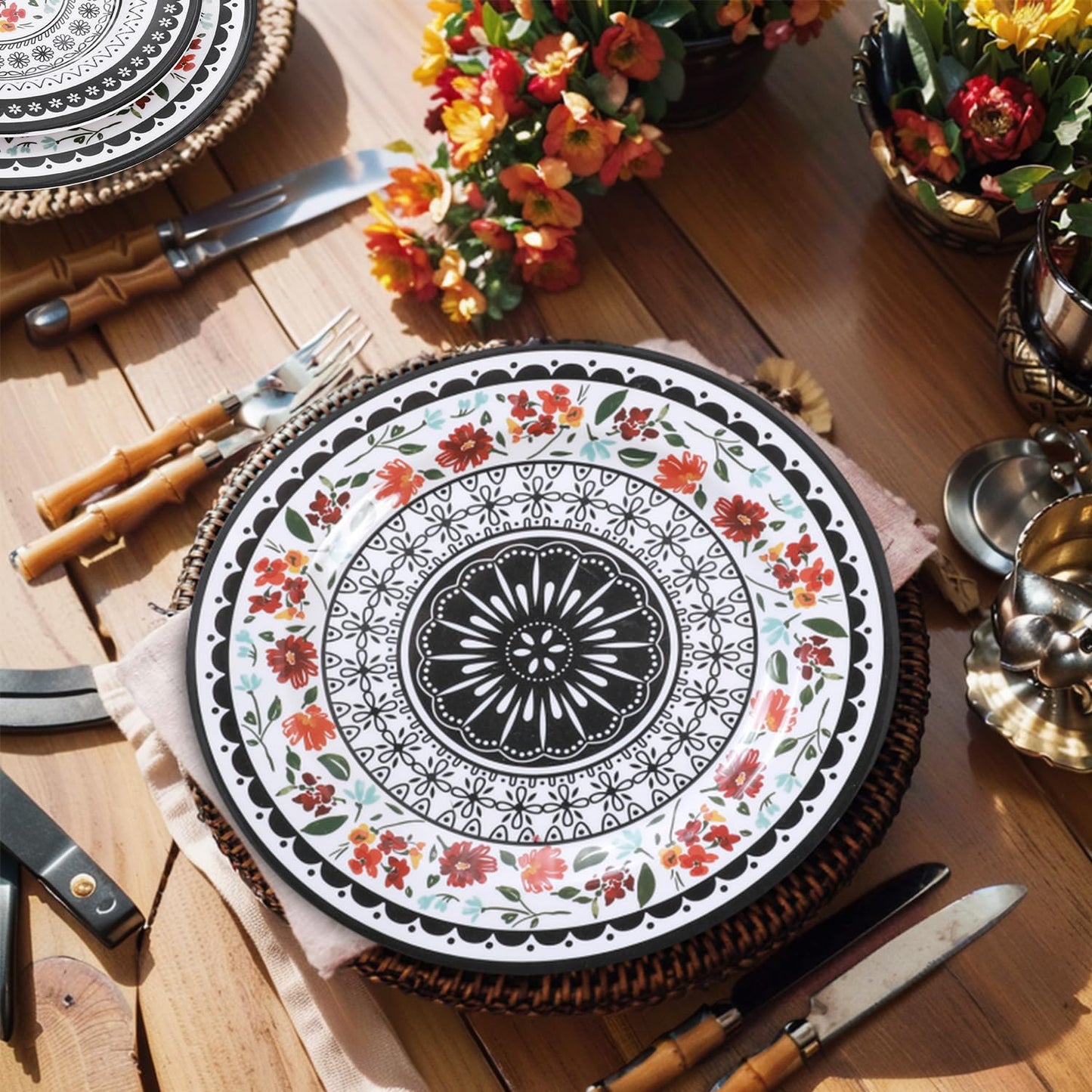 Gofunfun 12-Piece Melamine Dinnerware Sets,Unbreakable Dinnerware for Indoor and Outdoor Use, Dishwasher Safe, Lightweight Dinner Service for 4, Black and White, Retro Flower, ZS-DM011
