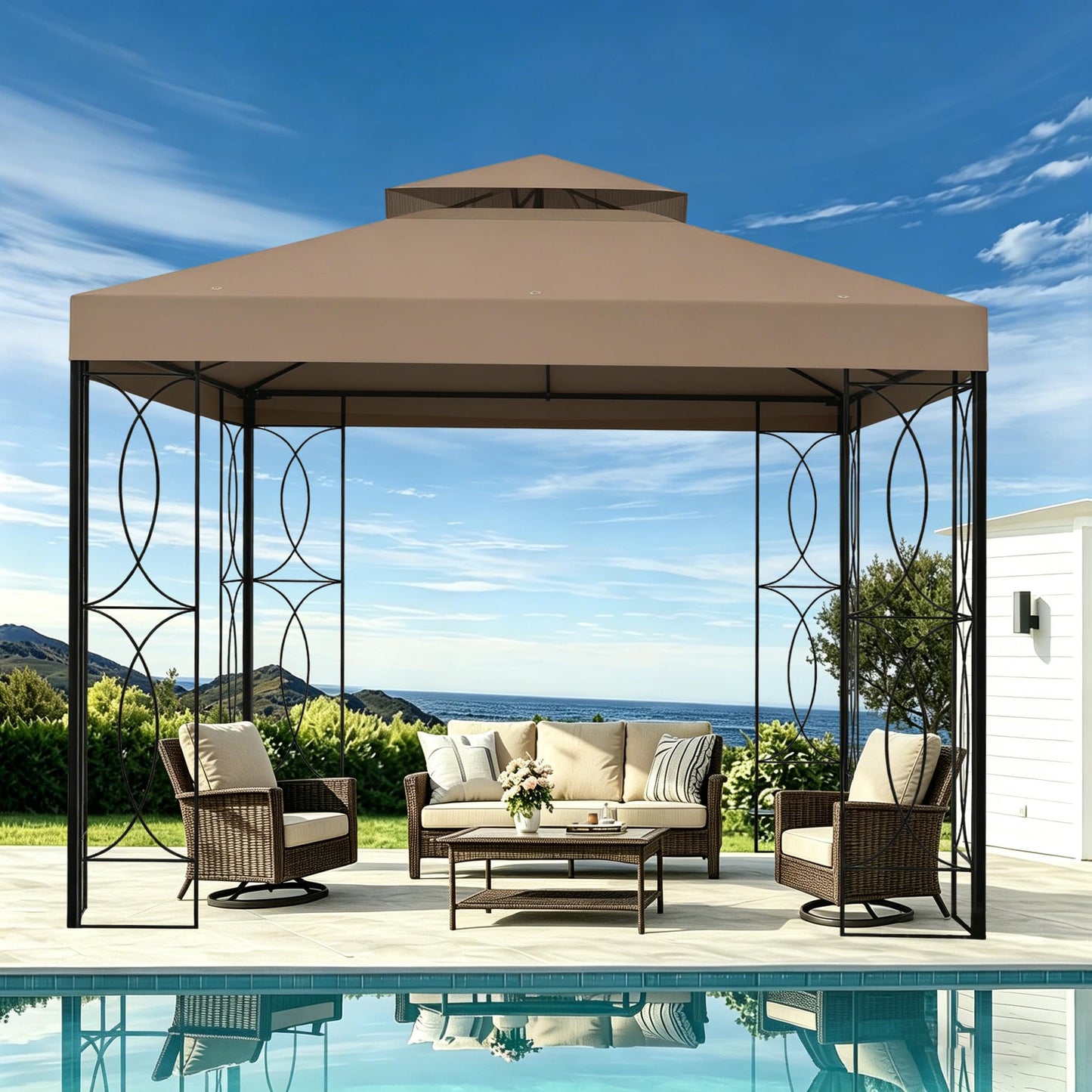 8'x8' Khaki Double Tier Replacement Cover Compatible with Crawford 8x8 Gazebo L-GZ385PST,A101003000#088-1067-8 with SPF30+,Waterproof
