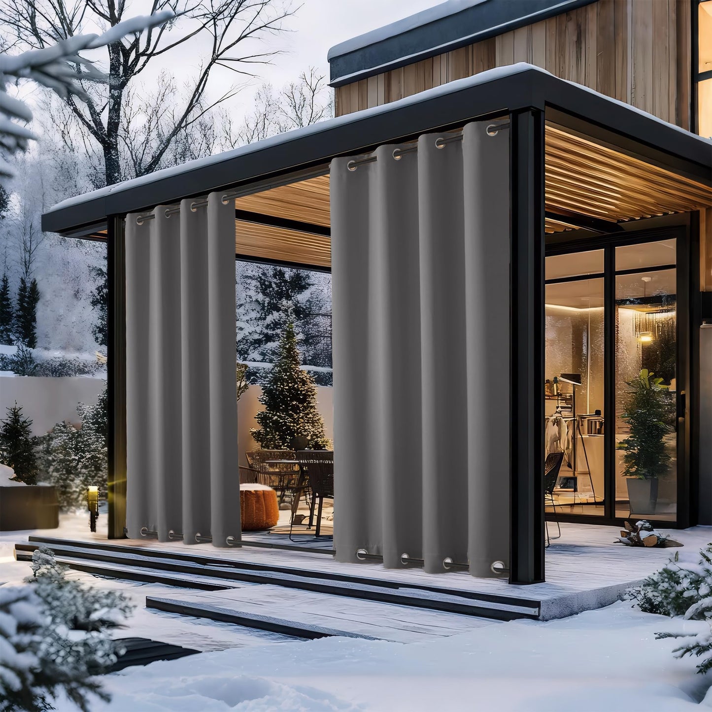 NICETOWN Grey Blackout Outdoor Curtains for Patio, Grommet Top and Bottom Rustproof Heavy Weight Windproof Drapes, Keep Privacy for Porch, 2 Panels, W52 x L84