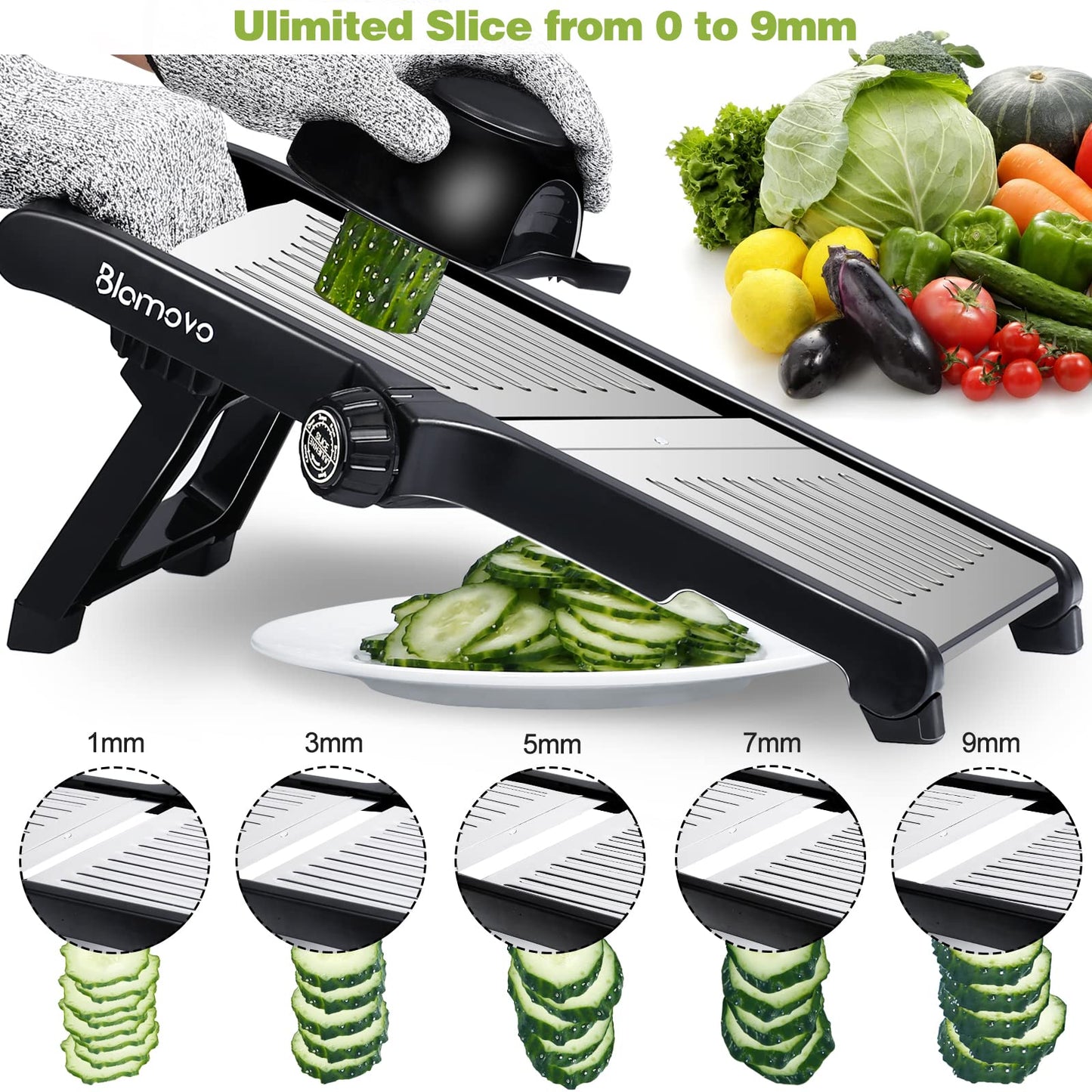 Blamovo Mandoline Slicer for Kitchen, Vegetable Mandolin Slicer with Adjustable Thickness by One-Knob Control, Veggie Fruit Potato Slicer Julienne, with Safety Gloves
