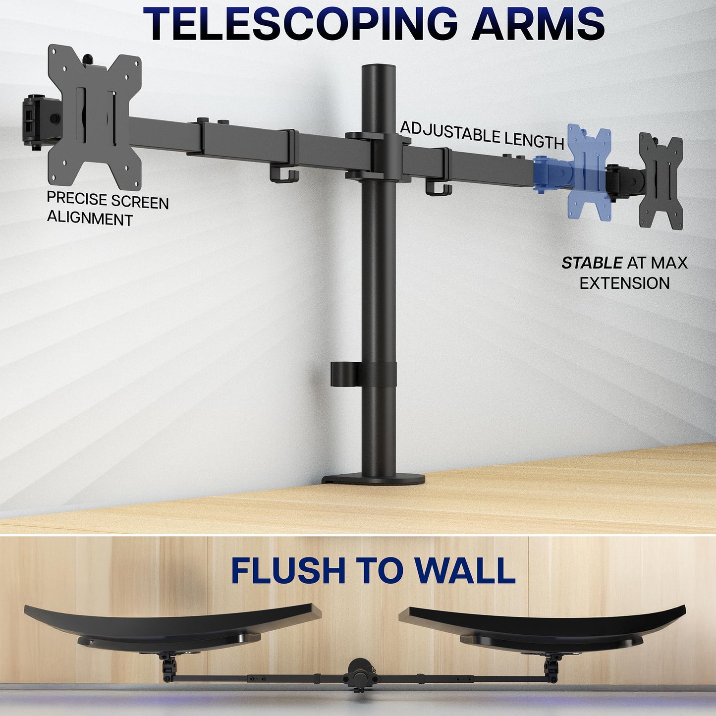 VIVO Premium Dual Ultra Wide LCD LED 27 to 38 inch Monitor Desk Mount, Heavy Duty, Adjustable Telescoping Arms, Flush Wall Setup, Fits 2 Screens, Black, STAND-TS38C