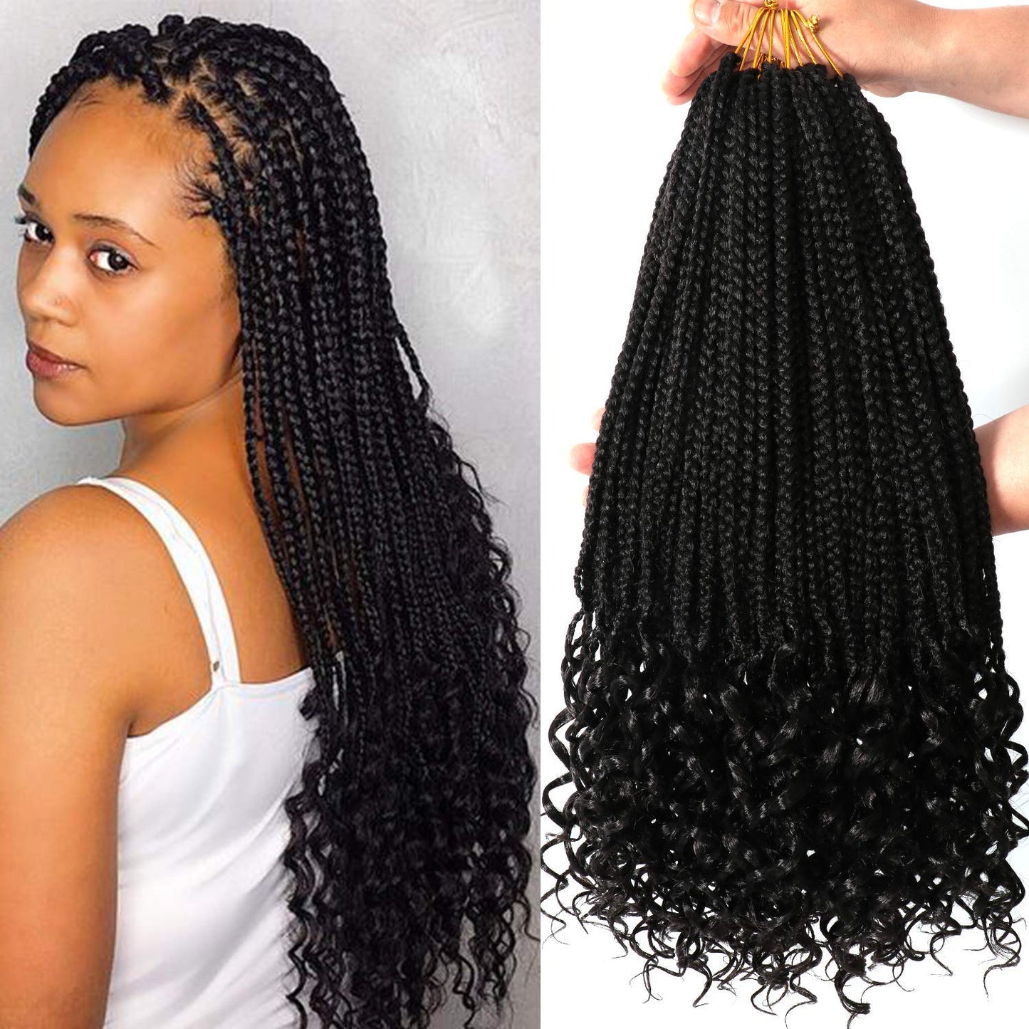 7 Packs 18 Inch Box Braids Crochet Hair Crochet Box Braids with Curly Ends Goddess Box Braids Crochet Hair Curly Prelooped Crochet Hair Bohemian Box Crochet Braids Hair For Black Woman (18 Inch, 1B#)