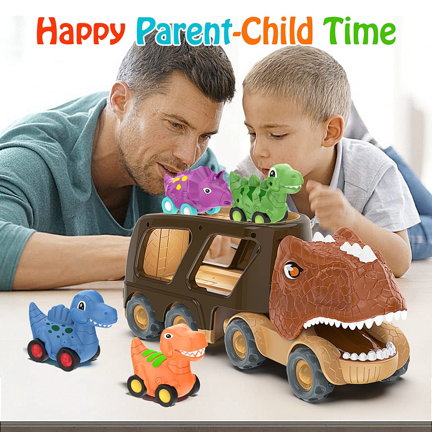 Dinosaur Truck Toy Car for Kids, Friction Power Carrier Vehicle with 4 Pack Small Pull Back Dino Car, Christmas Birthday Gift for 18M+ 2 3 4 5 Years Old Boys Toddlers