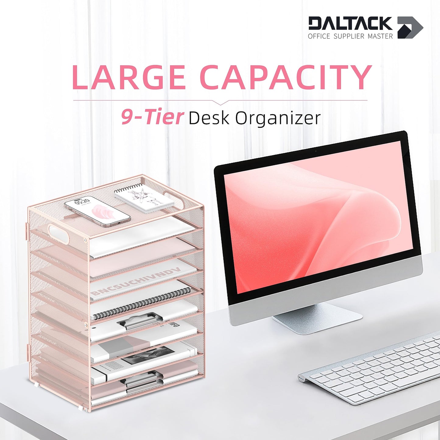 DALTACK 9-Tier Paper Letter Tray Desk Organizer with Handles, Mesh File Holder Organization, Paper Sorter Desk Organizer for Office Home School,Pink