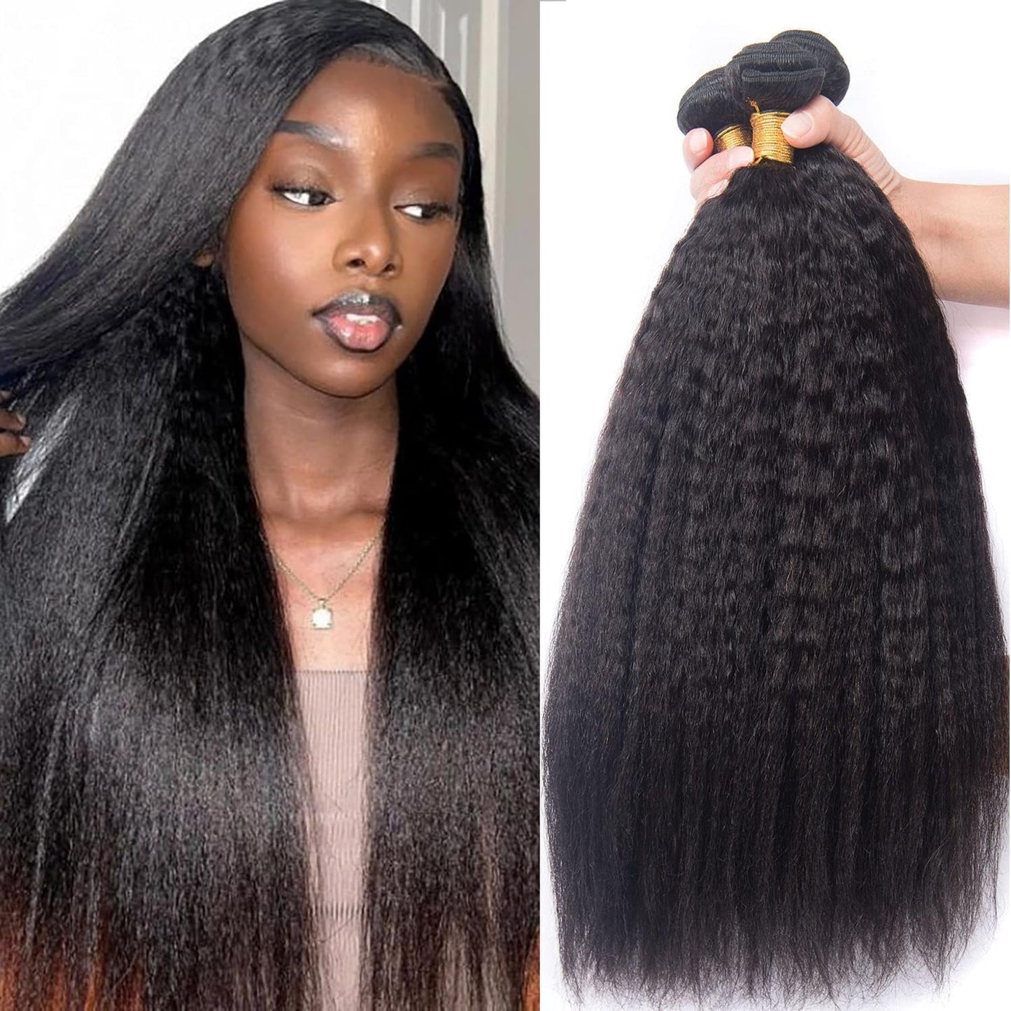 Kinky Straight 3 Bundles Human Hair Weave 14 16 18 inch 10A Yaki Straight Bundles Human Hair Extensions for Women 100% Unprocessed Brazilian Virgin Hair Bundle Natural Color