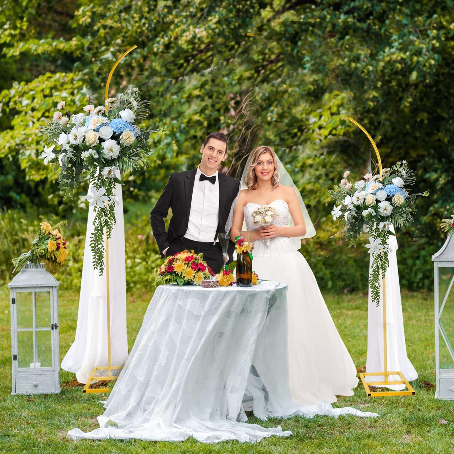 Teabelle 2pcs Metal Wedding Arch Backdrop Stand, 8.2FT & 6.9FT Gold Curved Top Arch Backdrop, Set of 2 Backdrop Arch Frames for Wedding Ceremony Birthday Baby Shower Graduation Party Decorations