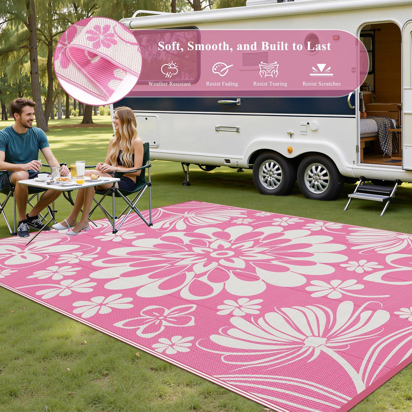 Ileading Outdoor Plastic Straw Rug 6x9ft Funny Floral Style Reversible Patio Area Rugs Waterproof Non Shedding Portable Carpets for Rv Outside Deck Pool Beach Picnic Camping (Pink)