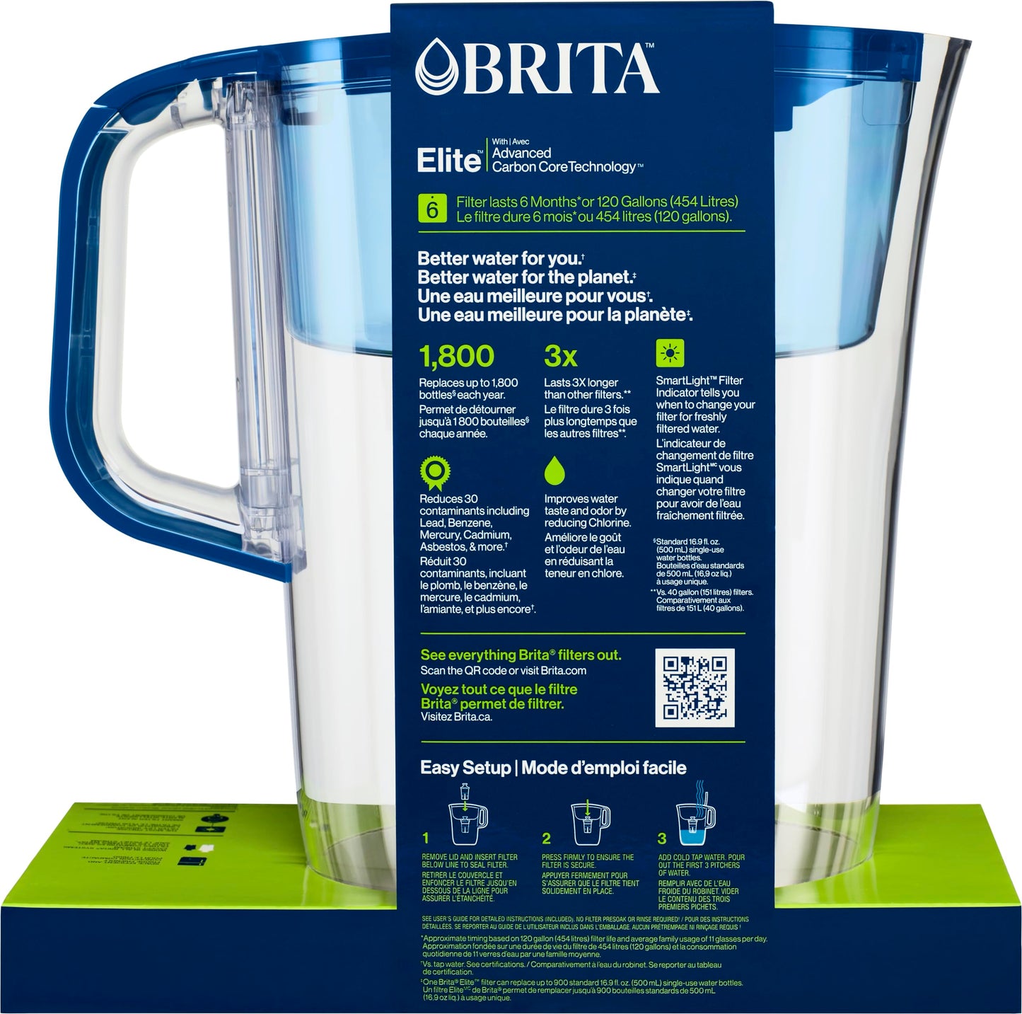 Brita 10 Cup Elite Filter Pitcher with Smart Light Indicator, Reduces 30+ Contaminants including Lead and Microplastics, Filter lasts 6 months, Tahoe, Blue