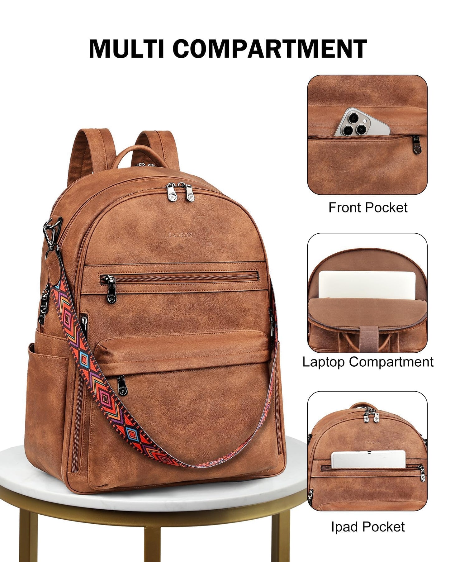 FADEON Laptop Backpack Purse for Women PU Leather 15.6 Computer Bag Desingner Travel Back Pack with Laptop Compartment, 1 Brown Retro Style, 12.6 x 6 x 17.1 inches, Leather Laptop Backpack Purse for