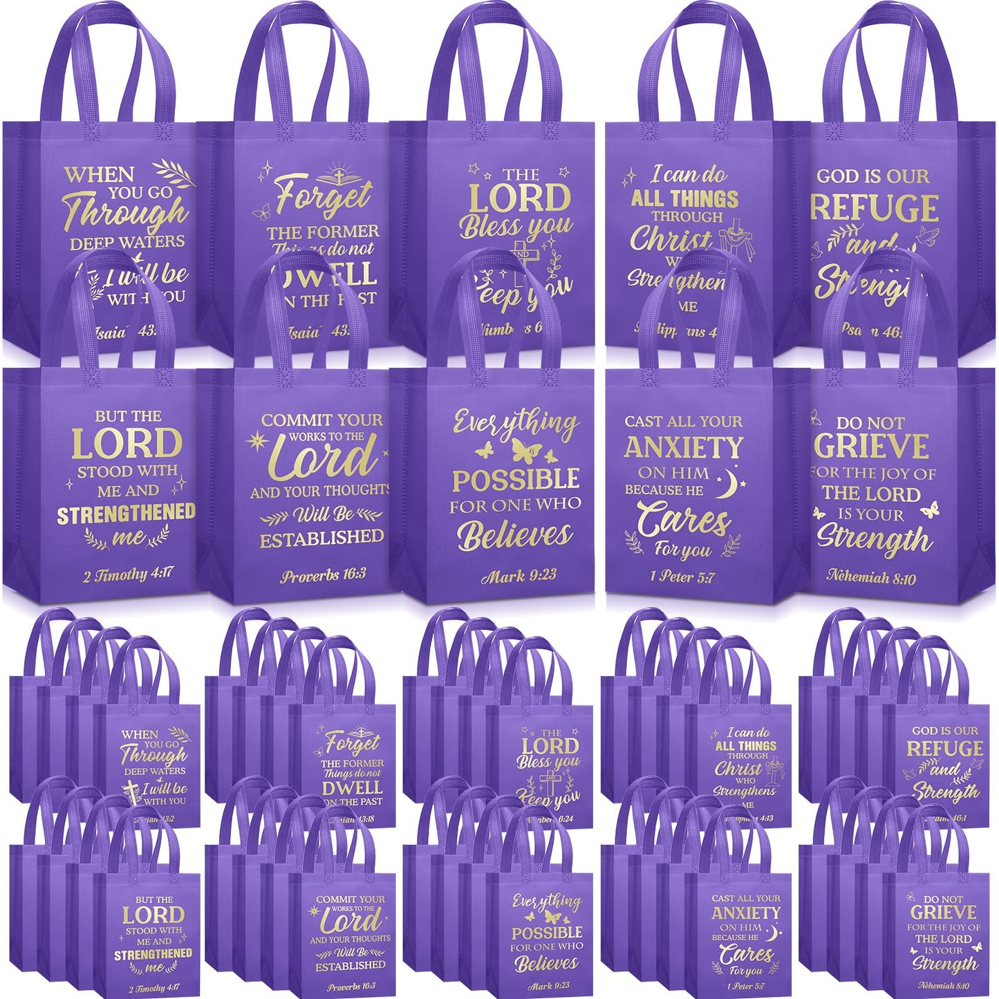 Talltalk 50 Pcs Christian Gift Bag Bulk Reusable Bible Verse Tote Religious Welcome Visitors Church Bags with Scriptures Clergy Pastor Gift for Sunday School Party Favors Christmas(Purple,Medium)
