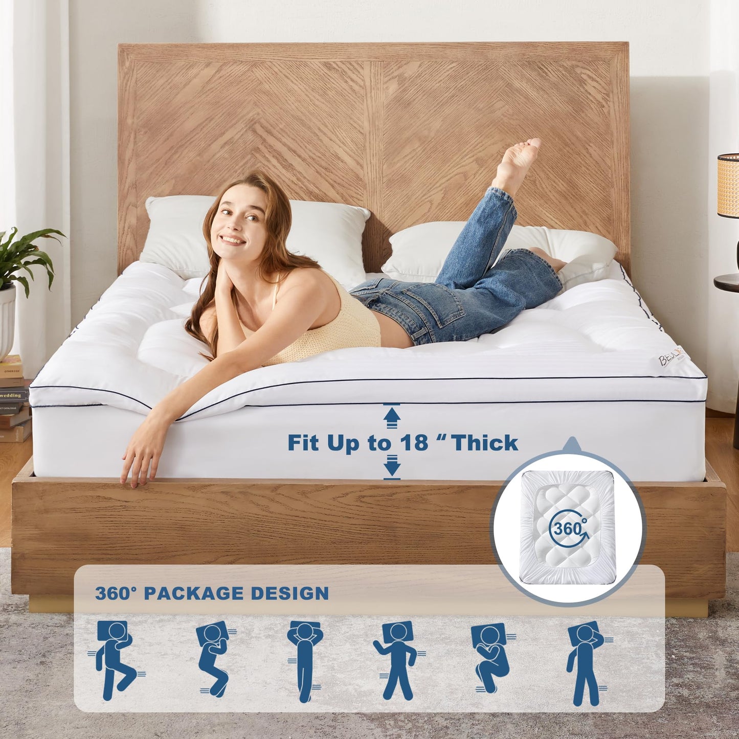 BEDLORE King Mattress Topper, Thick Pillow Top Pad for Back Pain Relief, Soft Comfortable Mattress Cover with Deep Pockets 6-18 Inch