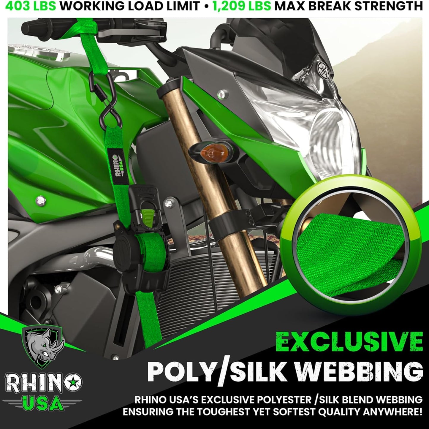 Rhino USA Retractable Ratchet Straps (2-Pack) - 1 Inch x 10 Feet (1,209lb Break Strength) - Auto Self Retracting Tie Down Straps for Truck, Cargo Trailer, Motorcycle, Rad & More - Green