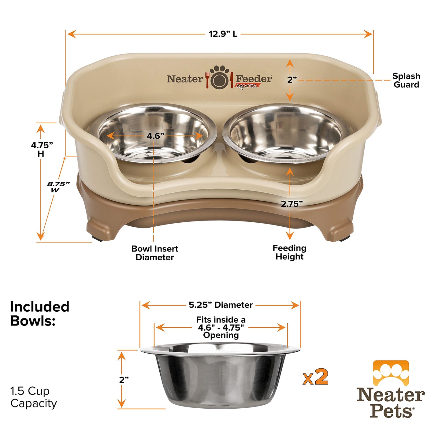 Neater Feeder - Express Model - Mess-Proof Cat & Dog Bowls – Made in USA – Elevated, No Spill, Non-Tip, Raised Stainless Steel Food & Water Bowls