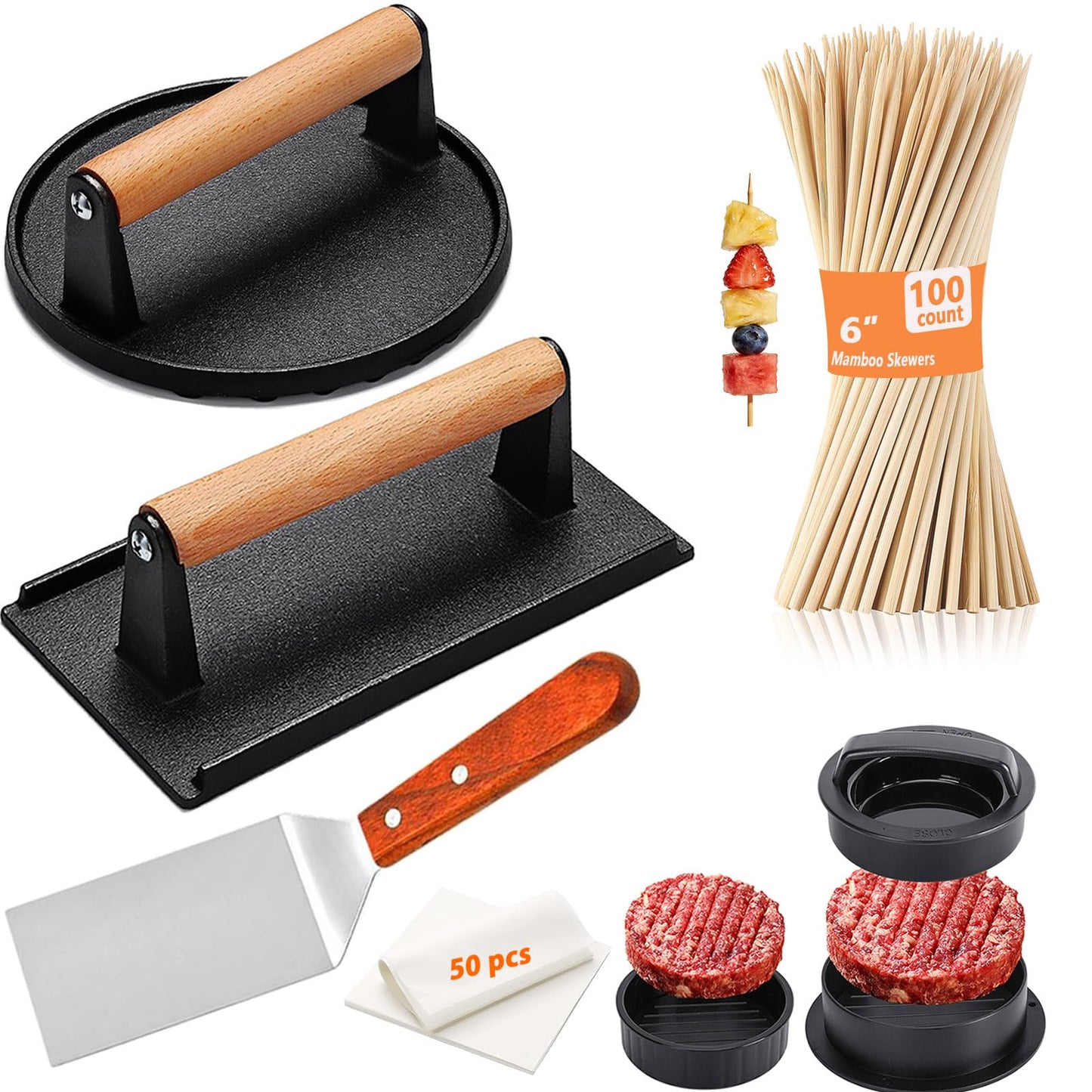 Smash Burger Press kit - 2 lb Round & 1.8 lb Rectangle Cast Iron Burger Press - Griddle Spatula - 3 in 1 Hamburger Patty Maker - 50 Patty Papers, Bacon Press with Wood Handle for BBQ Grill Accessories