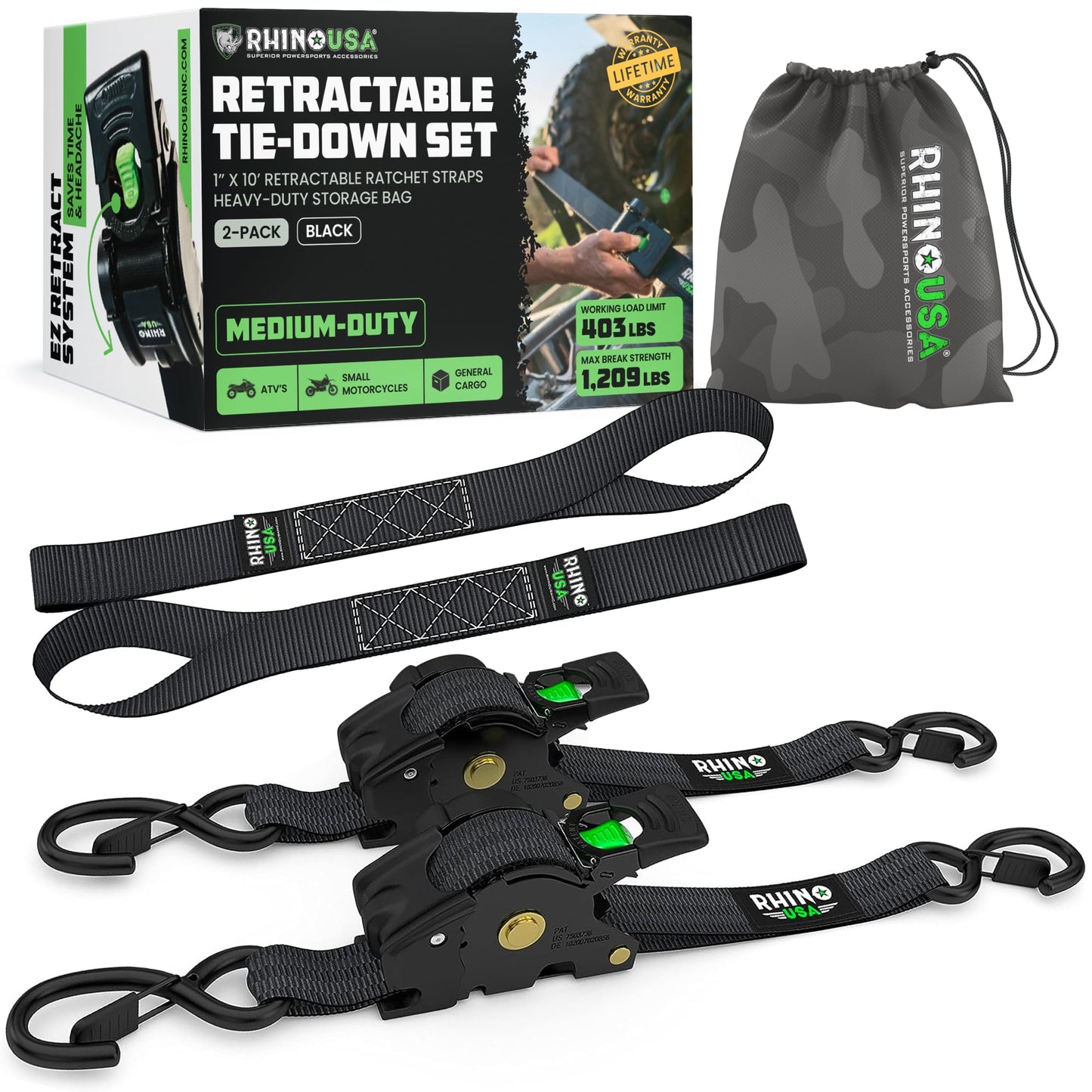 Rhino USA Retractable Ratchet Straps (2-Pack) - 1 Inch x 10 Feet (1,209lb Break Strength) - Auto Self Retracting Tie Down Straps for Truck, Cargo Trailer, Motorcycle, Rad & More - Black