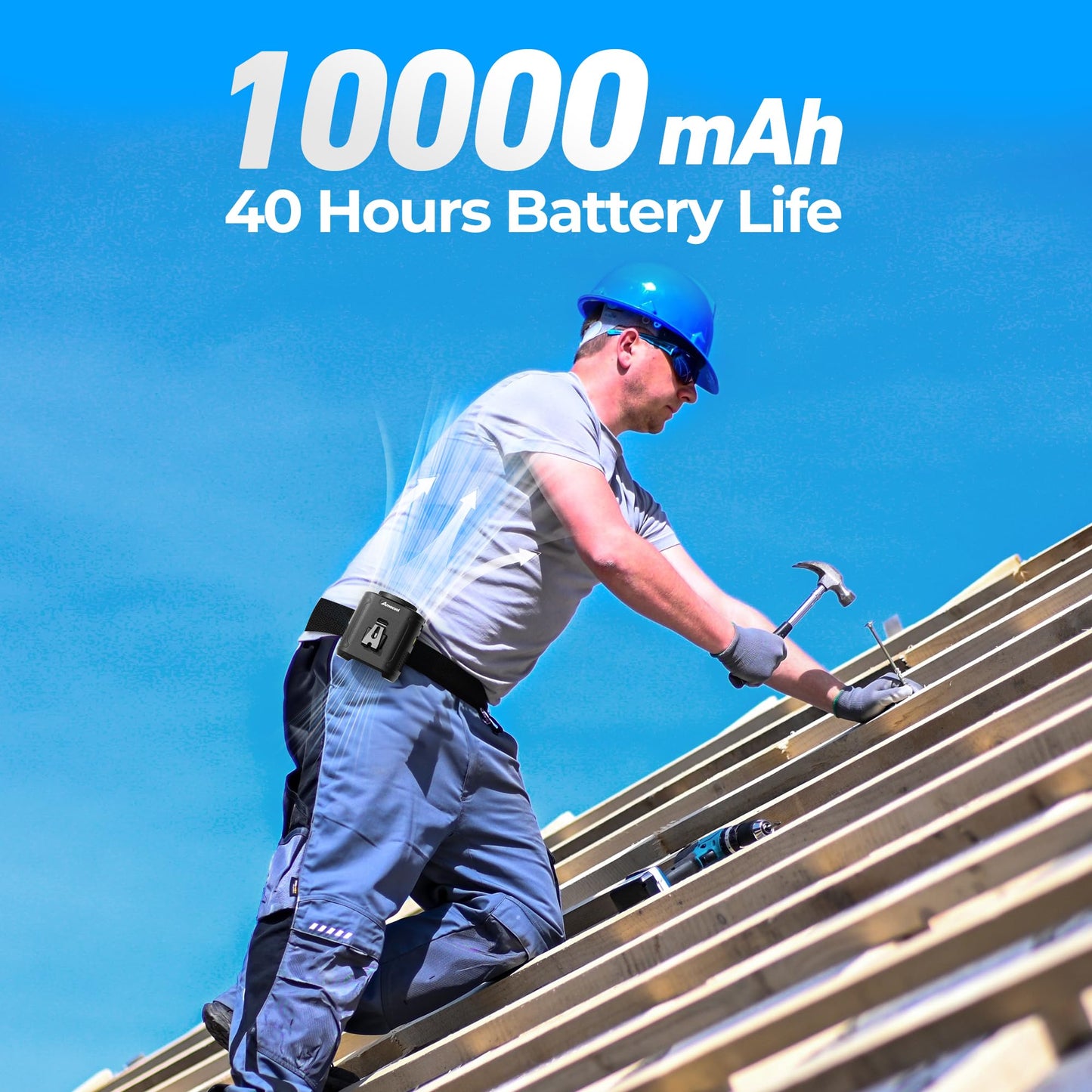 AMACOOL Portable Waist Fan Clip On, MAX 40H Work Time, 10000mAh Rechargeable Wearable Shirt Fan with Light, 16000RPM Powerful 5 Speed Belt Fans Personal Cooling Fans for Outdoor Jobsite Travel