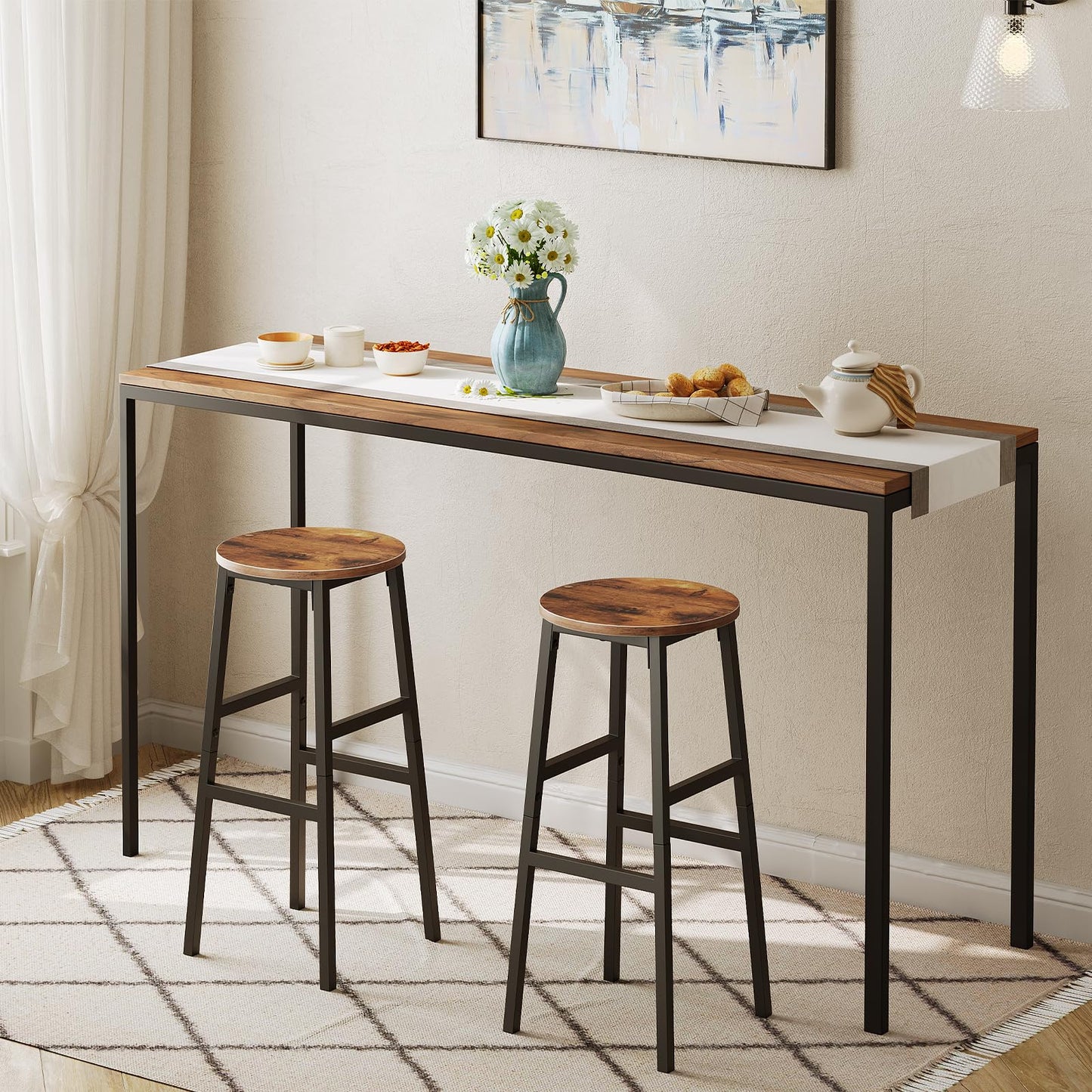 MAHANCRIS 71 cm Bar Stools, Set of 2 Round Bar Chairs with Footrest, Tall Counter Bar Stools, Kitchen Breakfast Bar Stools, Easy Assembly, for Dining Room, Kitchen, Rustic Brown BAHR02701