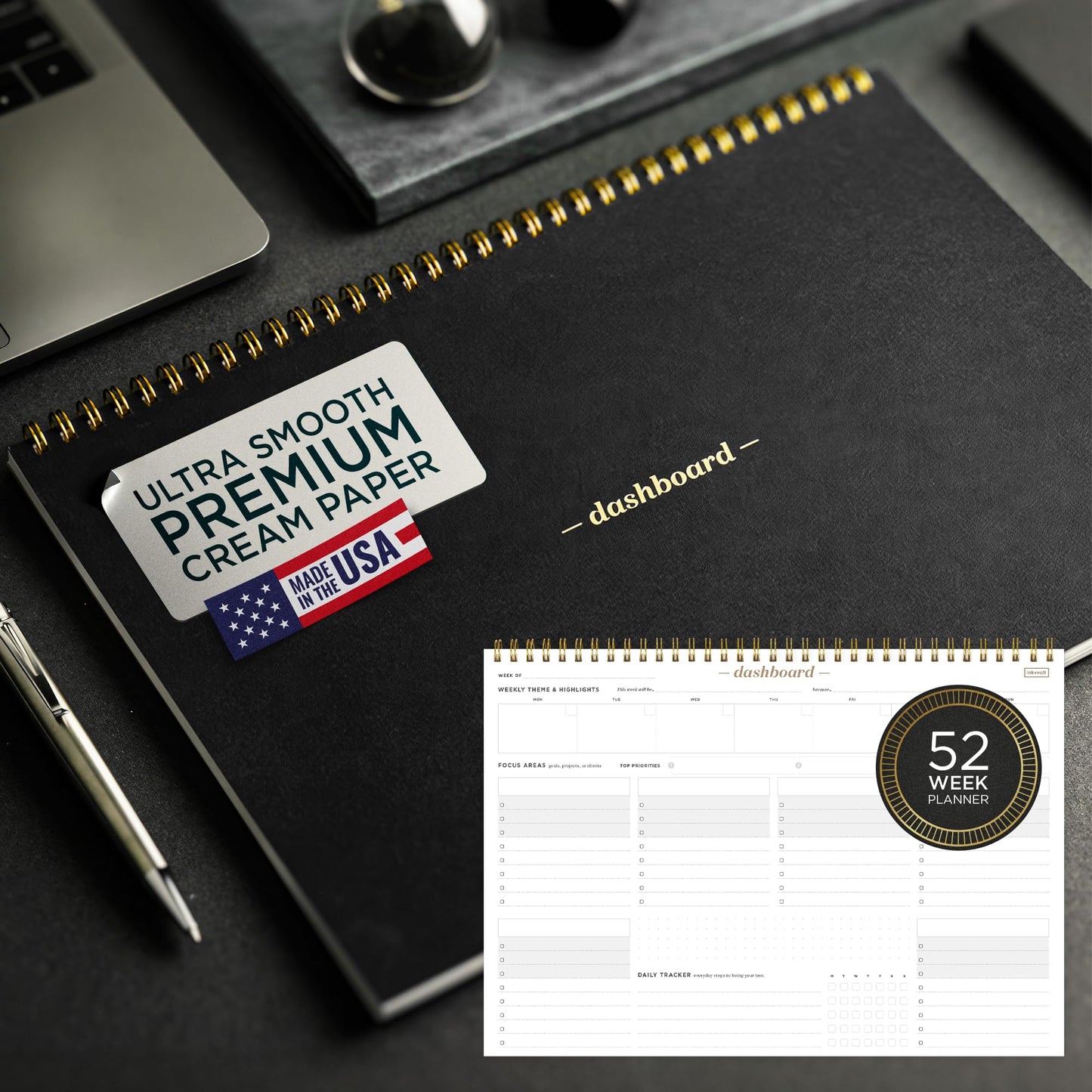 Ink+Volt Dashboard Spiral Deskpad | Undated Weekly Planner Notepad with 52 Undated Sheets, Premium Productivity Planner, Minimalist Weekly to do List for Work & Study | A4 Size, Black