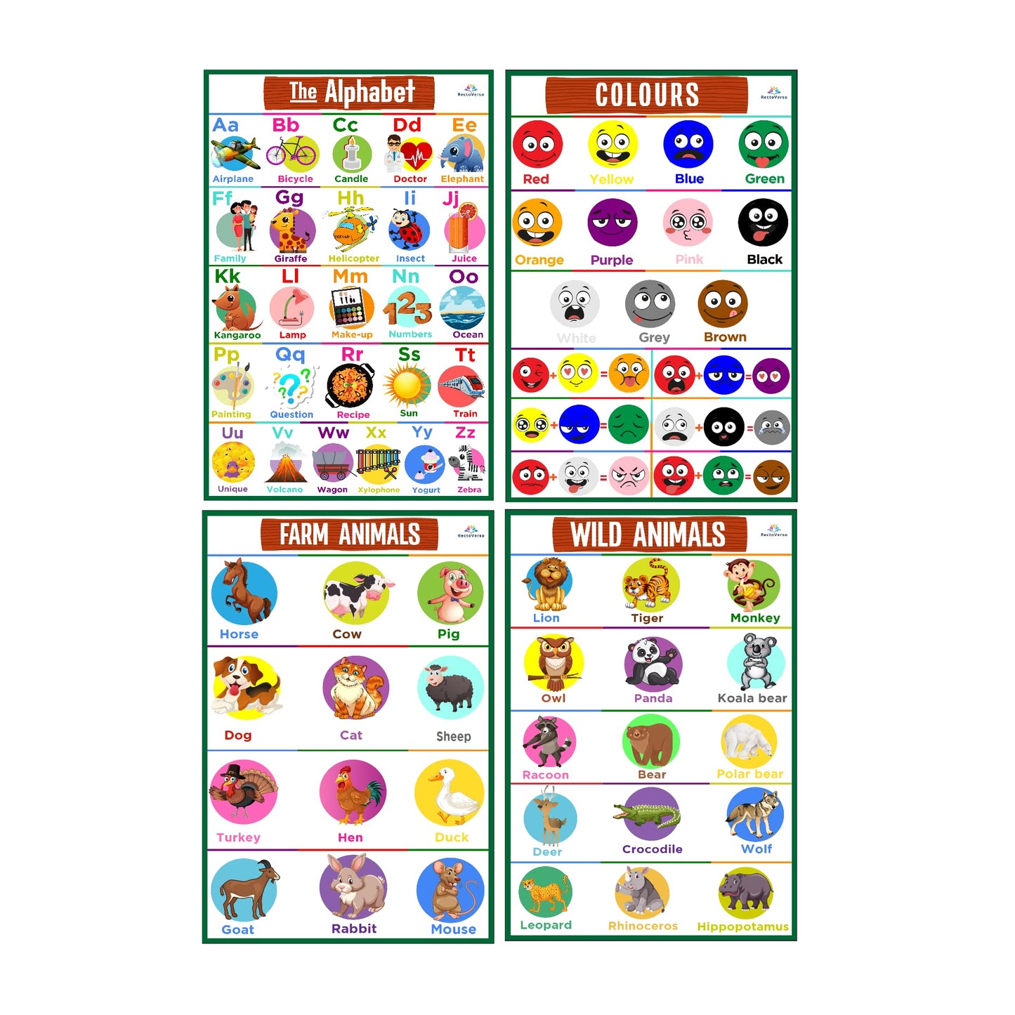 Recto Verso | 18 [36 total] English/French Double-Sided Bilingual Educational Preschool Posters for Toddlers & Kids Kindergarten Classroom Homeschool Learning Tool | Alphabet, Numbers & more