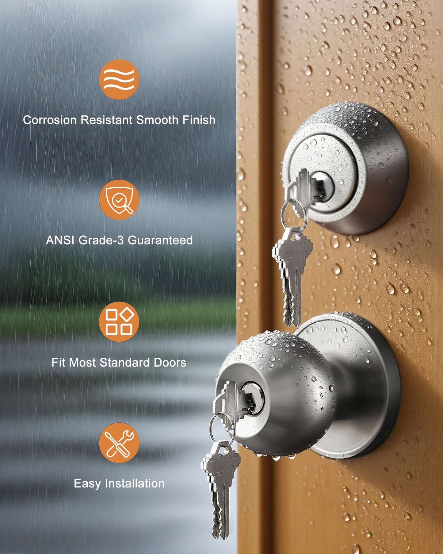 Probrico 2 Sets Front Exterior Door Knob Set with Single Cylinder Deadbolts Satin Nickel,Round Entry Door Knobs with Dead Bolts Combo Pack, Keyed Alike Door Hardware, Contractor Pack